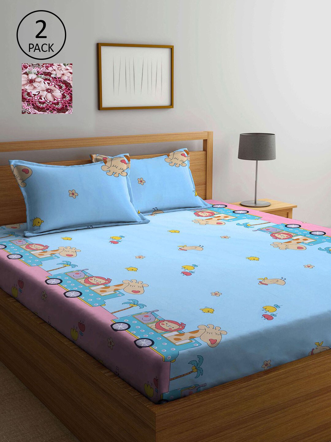 

KLOTTHE Red & Blue Cartoon Characters 210 TC Set Of 2 King Bedsheet with 4 Pillow Covers