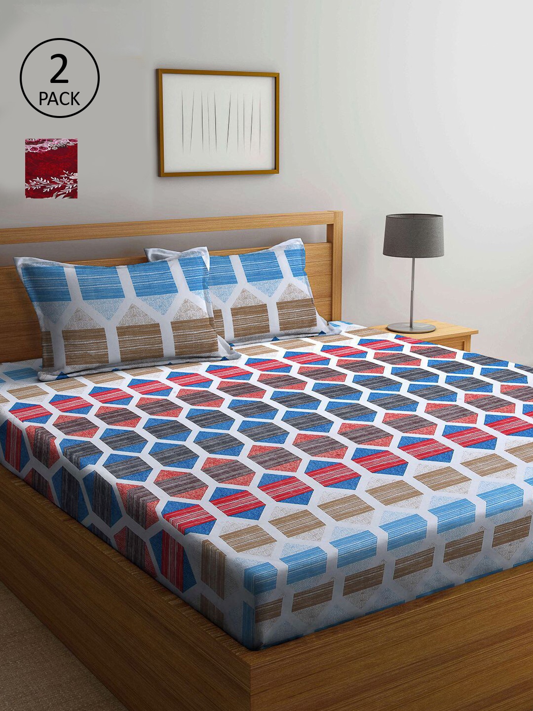 

KLOTTHE Blue & Maroon Geometric 210 TC 2 King Bedsheet with 4 Pillow Covers
