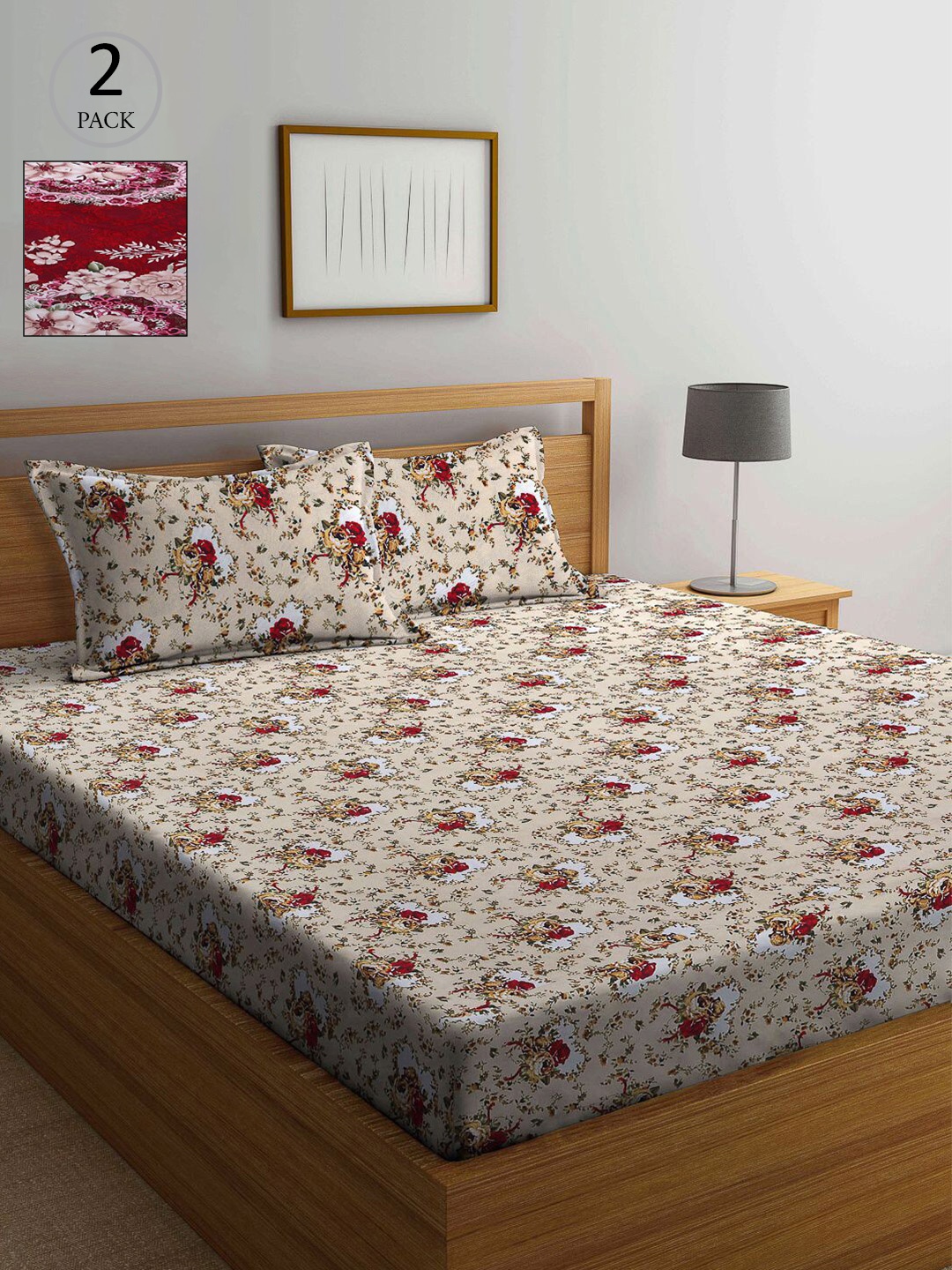 

KLOTTHE Red & Beige Floral 210 TC 2 King Bedsheet with 4 Pillow Covers