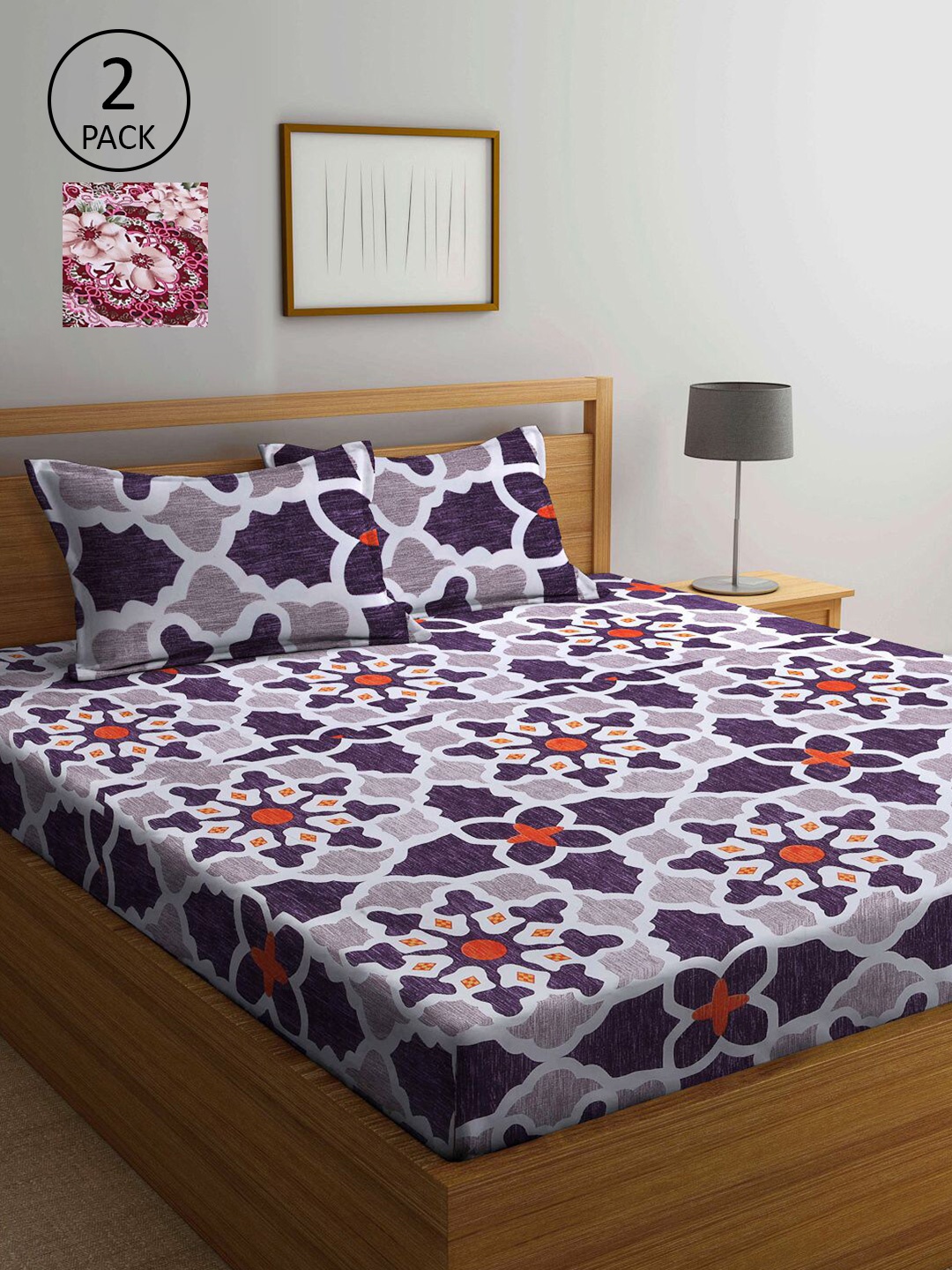 

KLOTTHE Violet & Grey Ethnic Motifs 210 TC 2 King Bedsheet with 4 Pillow Covers