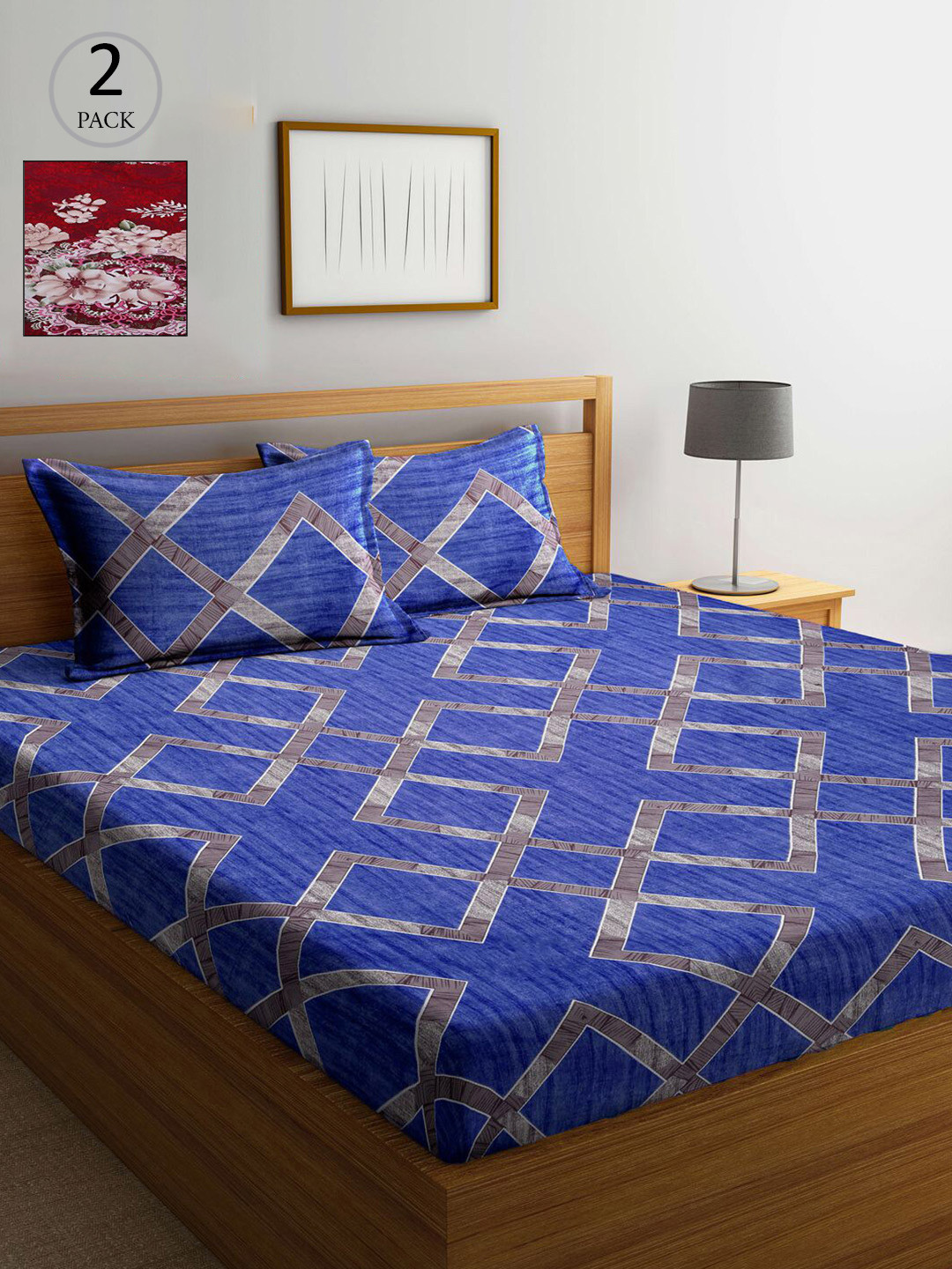 

KLOTTHE Blue & Maroon Floral 210 TC 2 King Bedsheet with 4 Pillow Covers