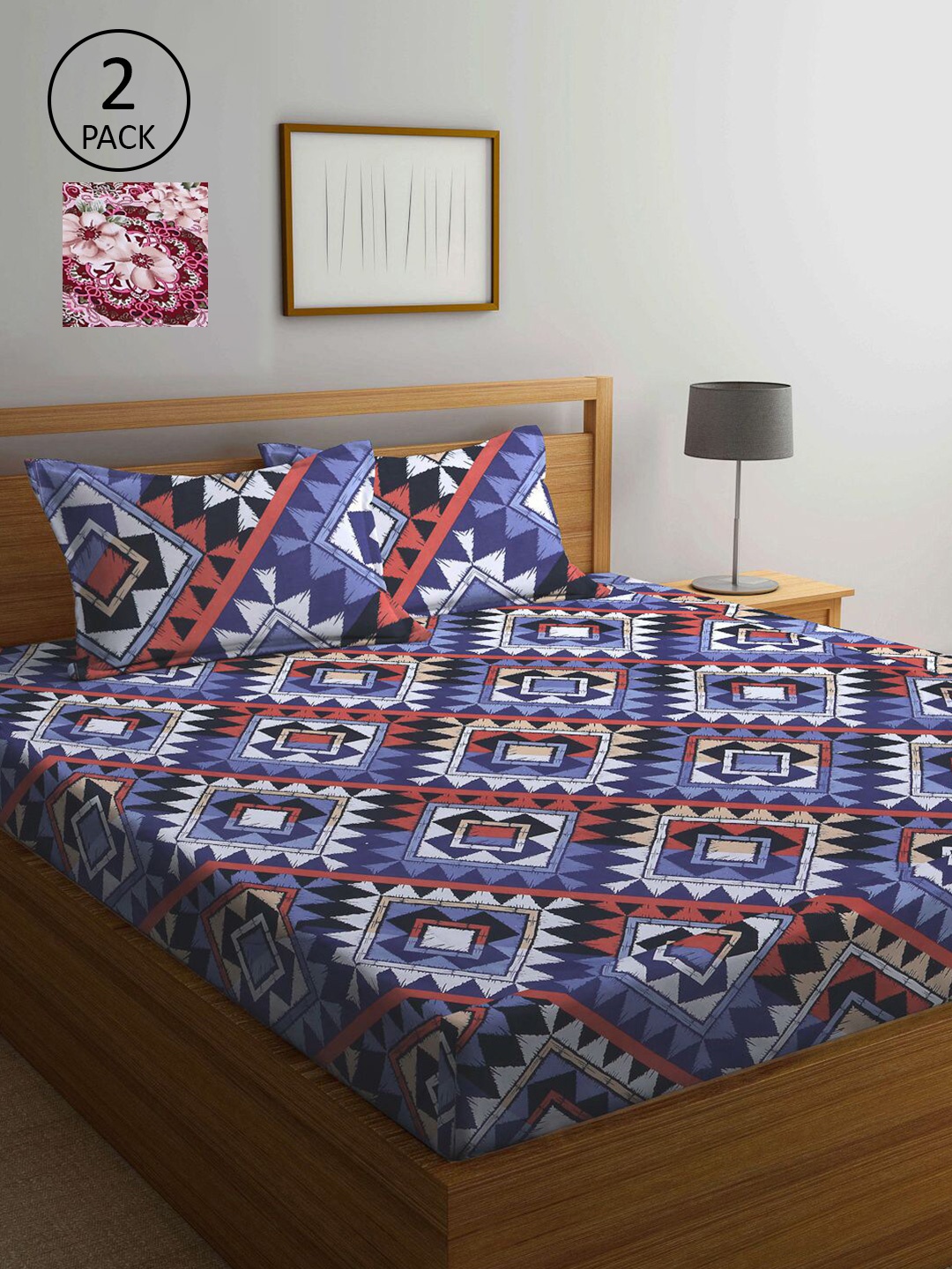 

KLOTTHE Blue & Red Printed 210 TC 2 King Size Bedsheets With 4 Pillow Covers