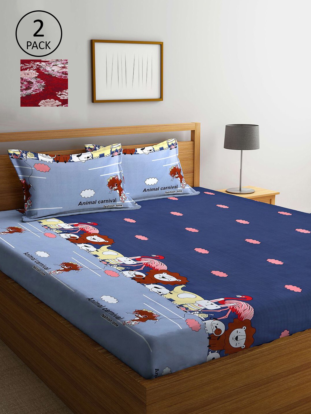 

KLOTTHE Magenta & Blue Cartoon Characters 210 TC 2 King Bedsheet with 4 Pillow Covers