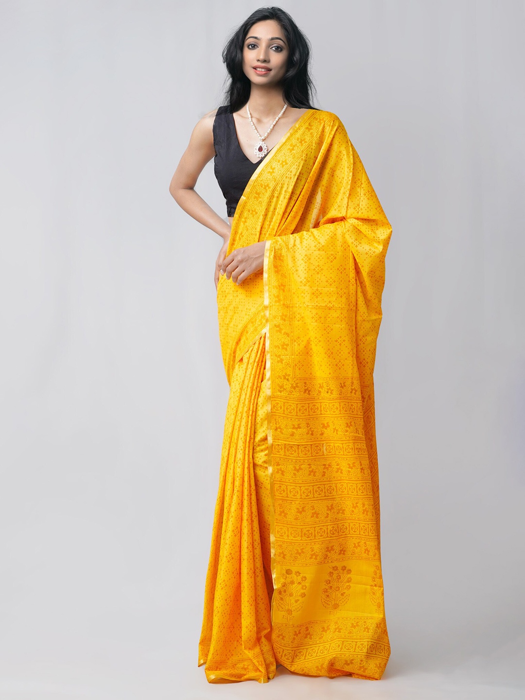 

Unnati Silks Yellow Ethnic Motifs Handloom Sustainable Pure Cotton Block Print Saree