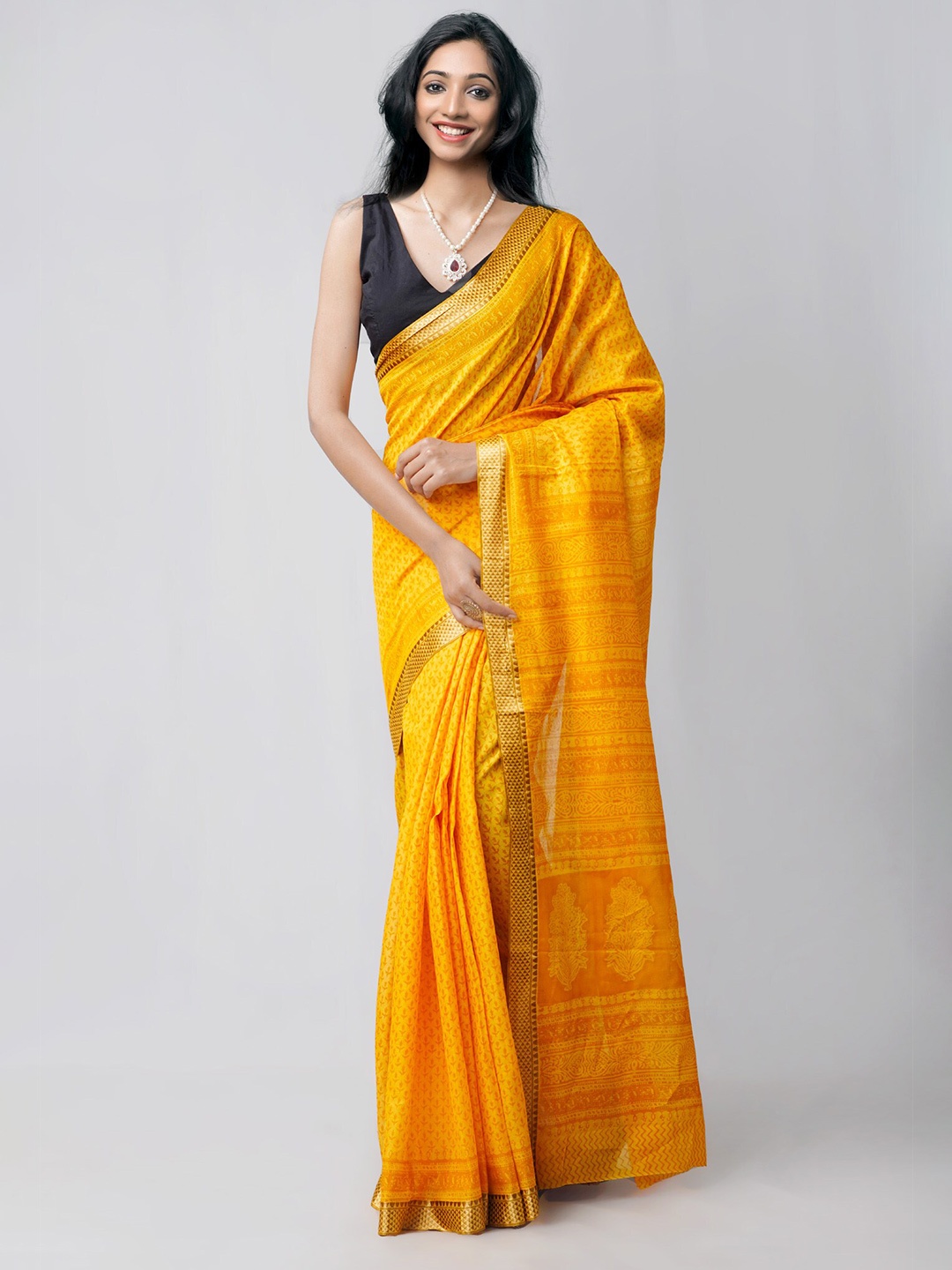

Unnati Silks Yellow & Gold-Toned Ethnic Motifs Zari Pure Cotton Block Print Saree