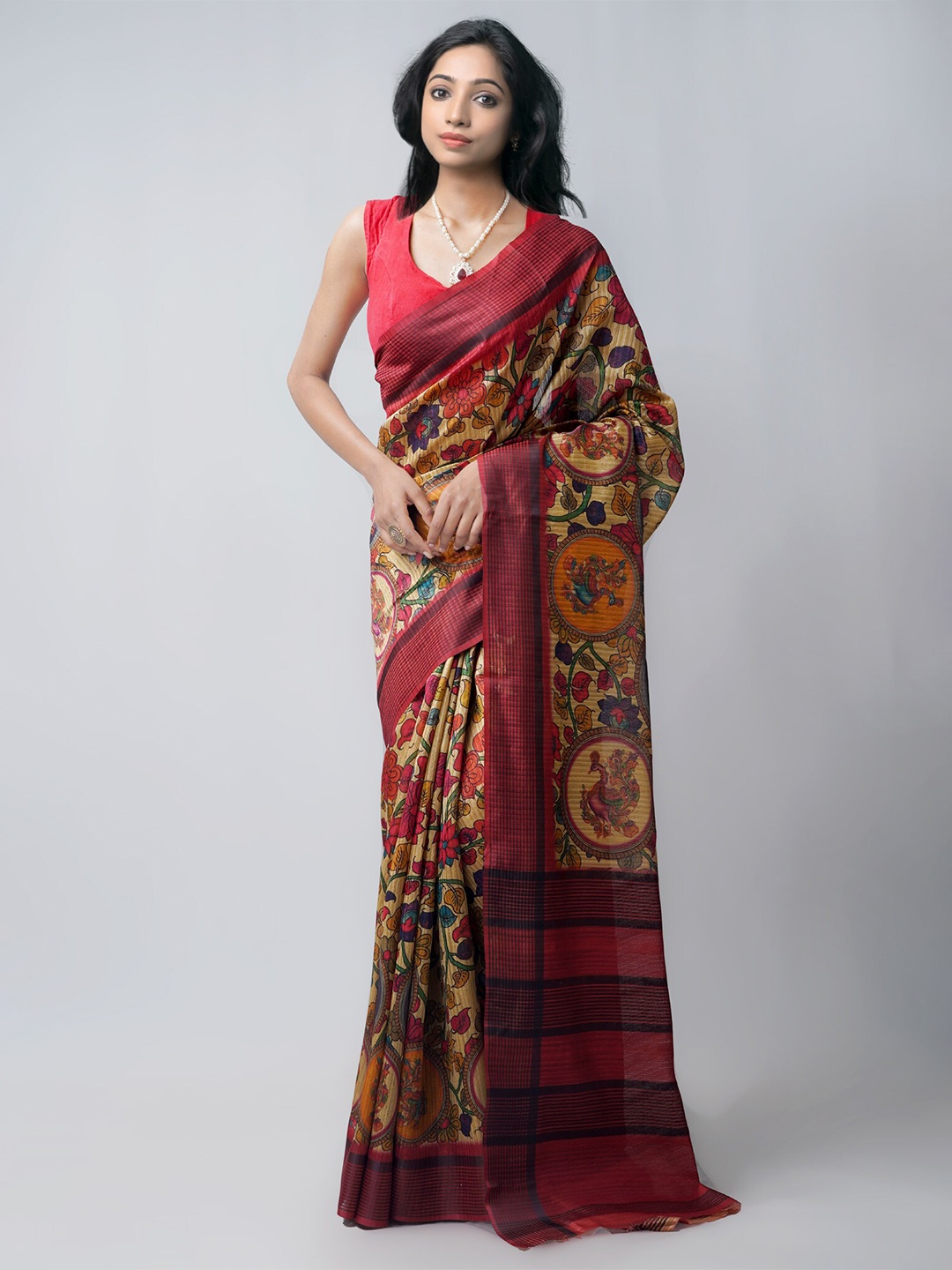 

Unnati Silks Brown & Pink Kalamkari Jute Silk Kanjeevaram Saree
