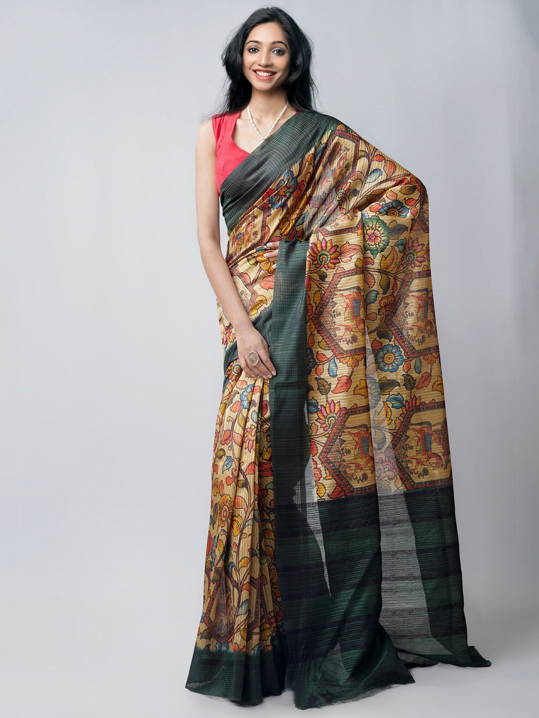 

Unnati Silks Brown & Black Kalamkari Handloom Sustainable Jute Silk Kanjeevaram Saree
