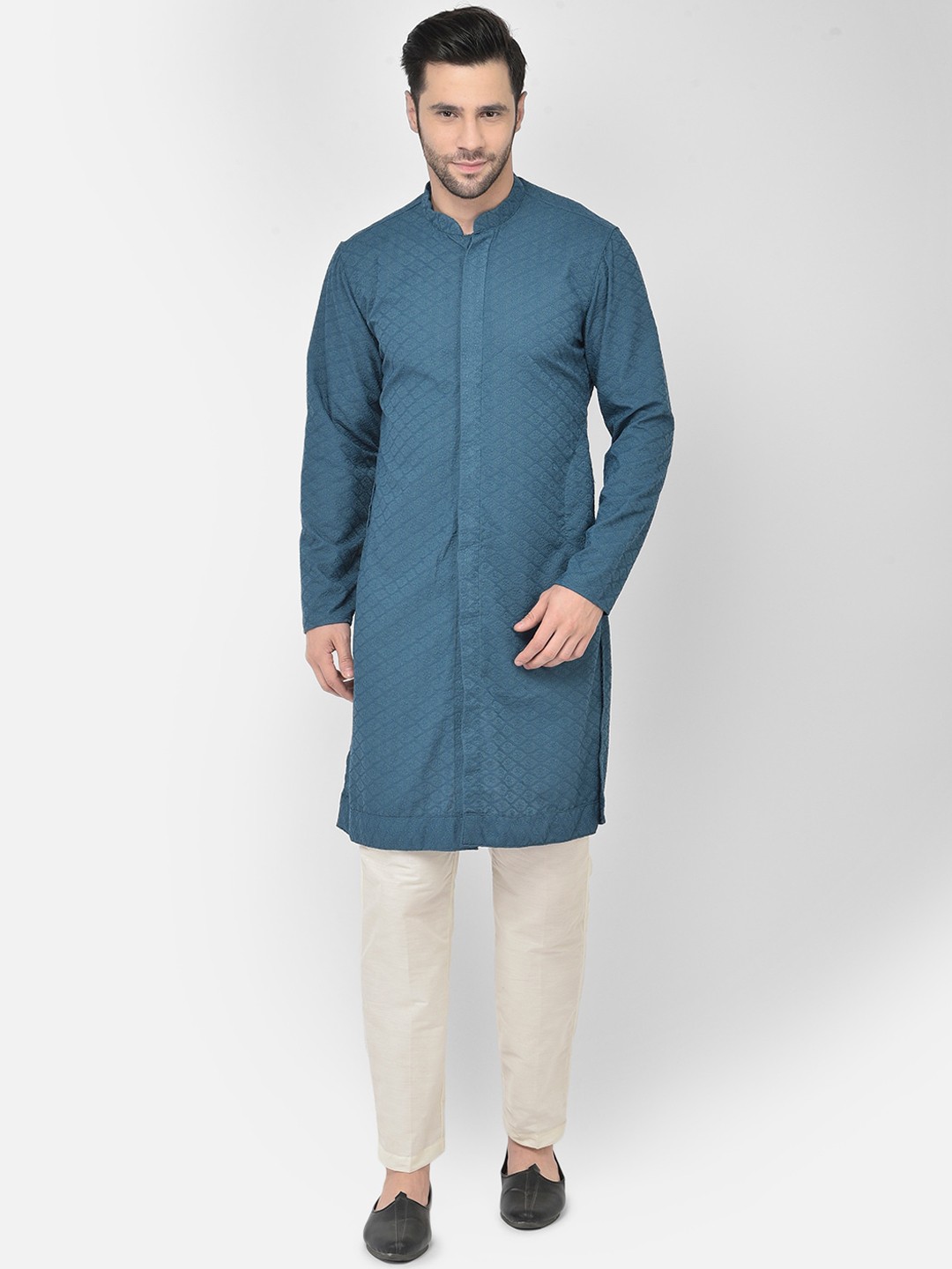 

DEYANN Men Navy Blue Layered Pure Cotton Kurta with Pyjamas