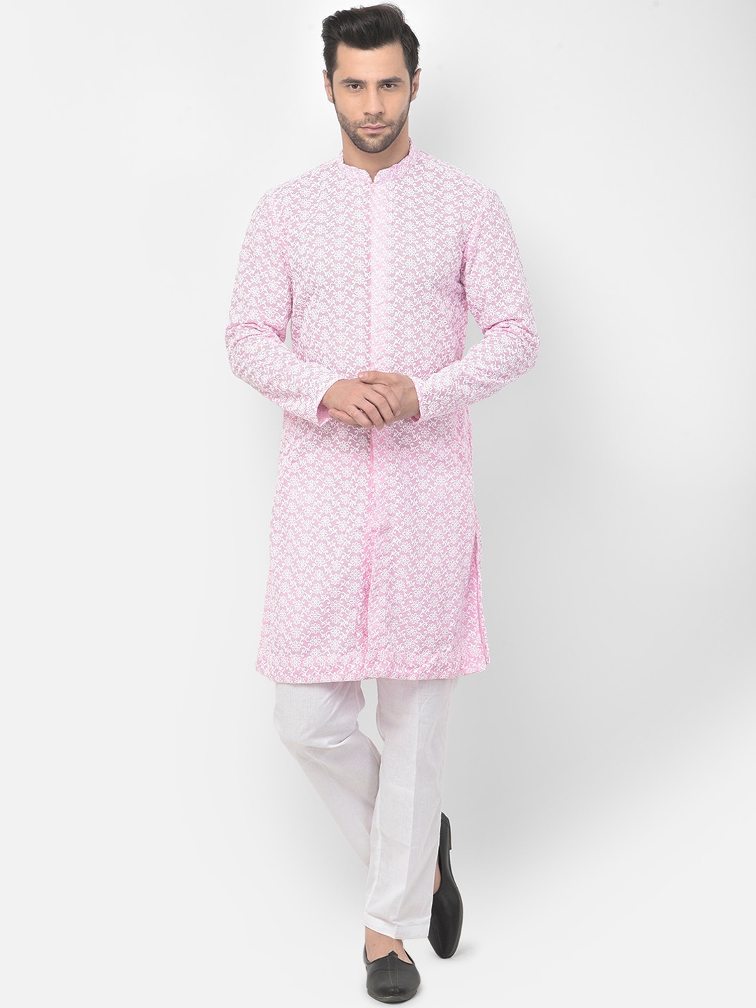 

DEYANN Men Pink Floral Embroidered Pure Cotton Kurta with Pyjamas