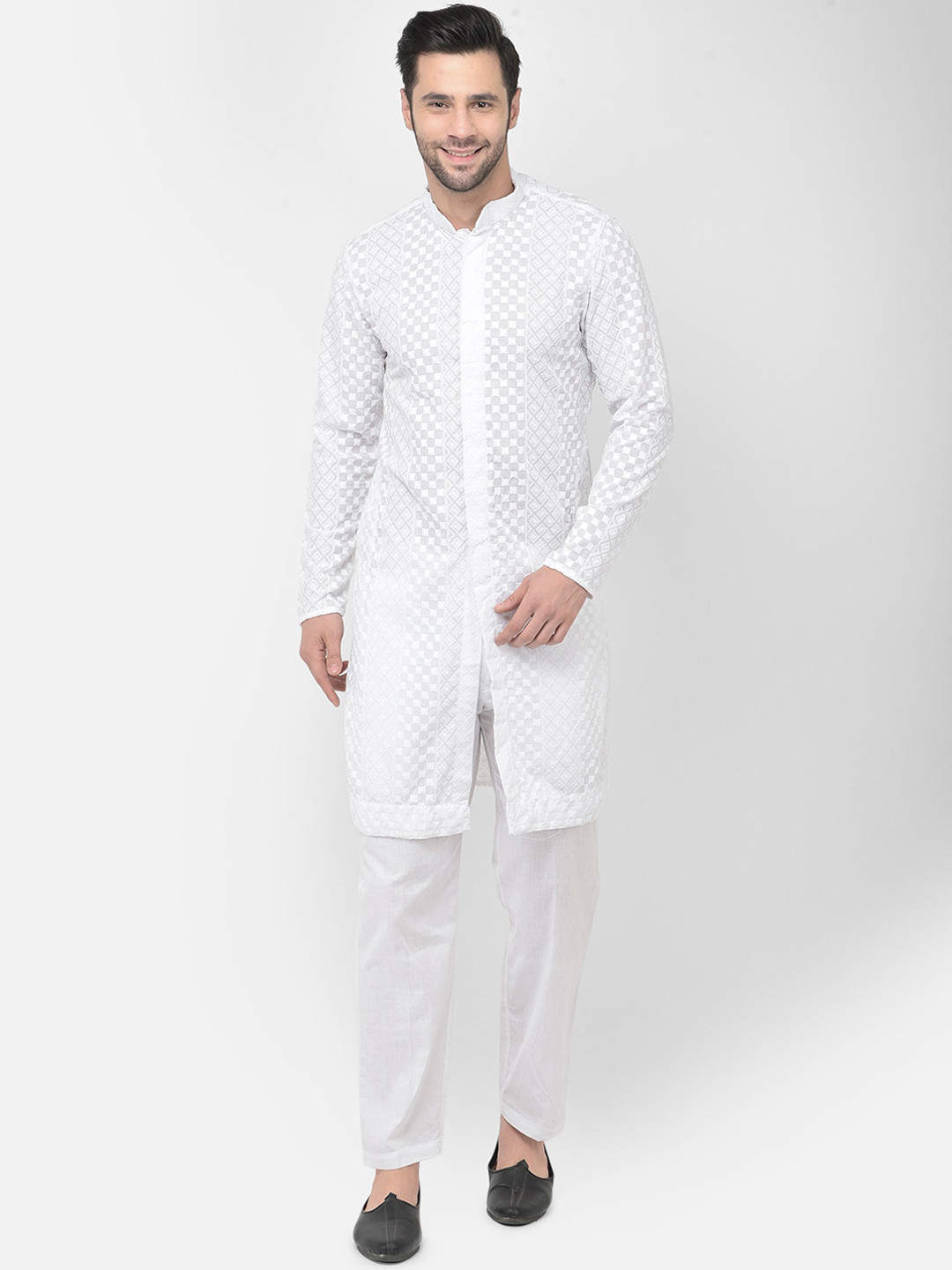 

DEYANN Men White Striped Angrakha Pure Cotton Kurti with Pyjamas