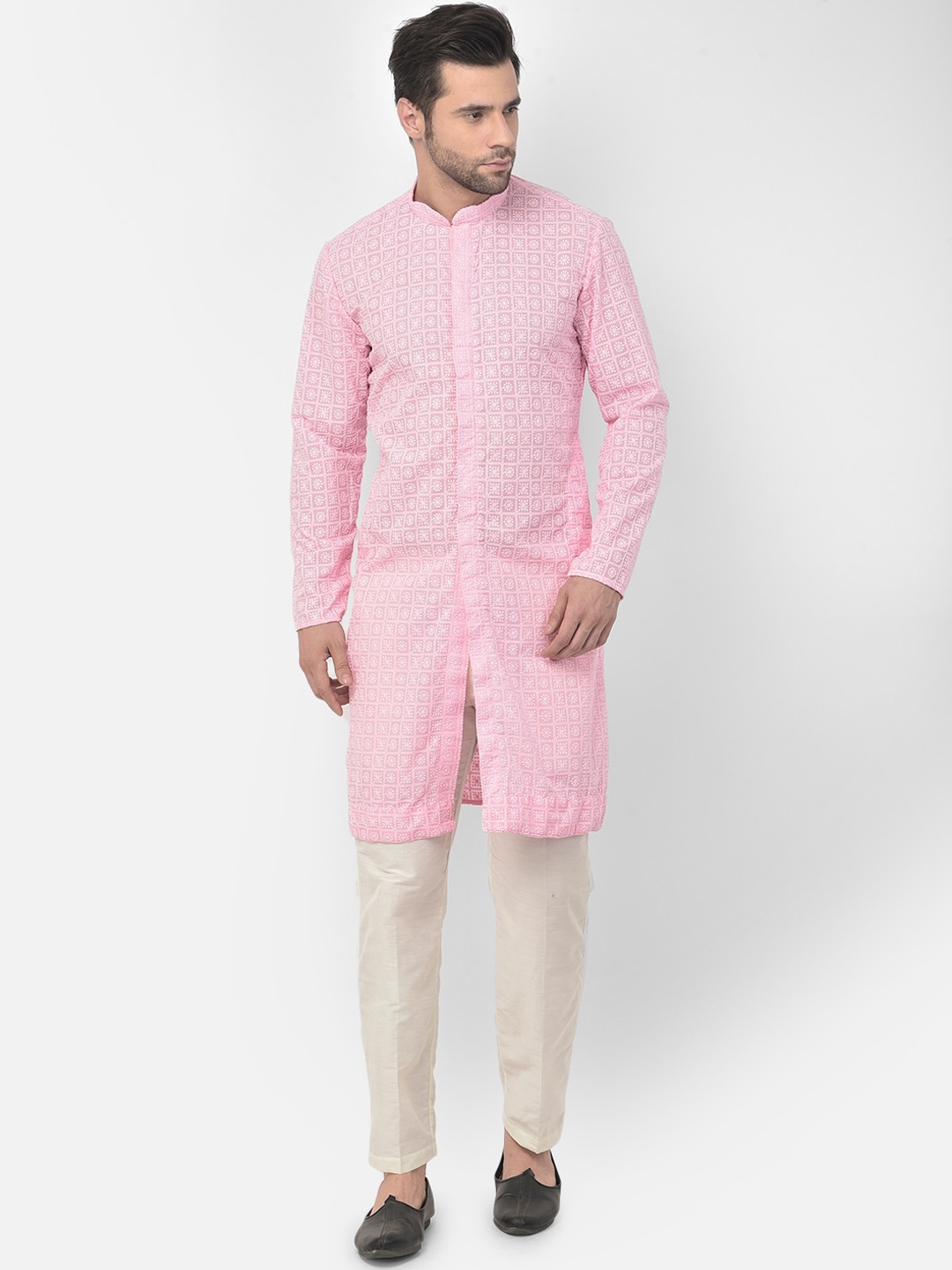

DEYANN Men Pink Striped Layered Pure Cotton Kurta with Pyjamas