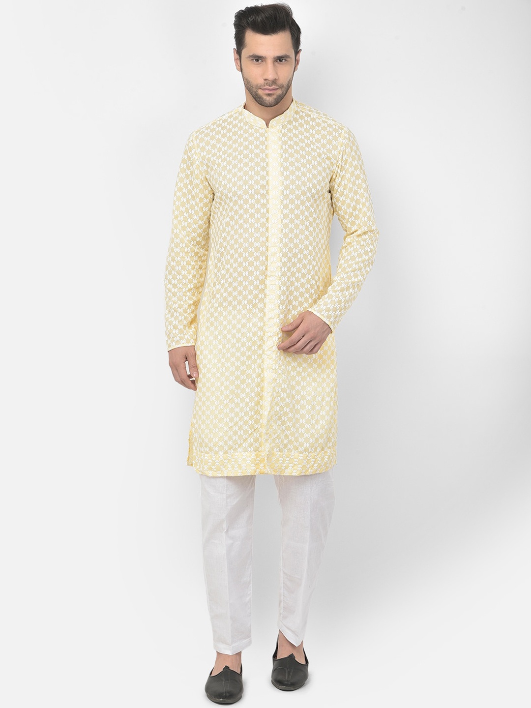 

DEYANN Men Yellow Ethnic Motifs Embroidered Pure Cotton Kurta with Pyjamas
