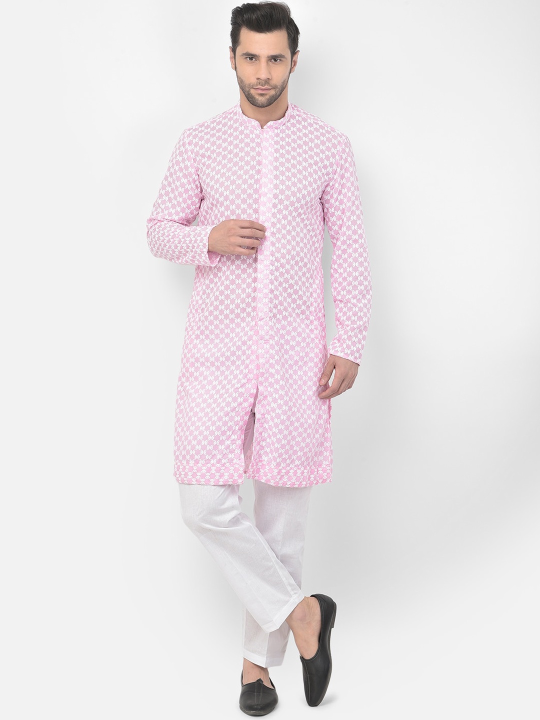 

DEYANN Men Pink Angrakha Pure Cotton Kurta with Pyjamas