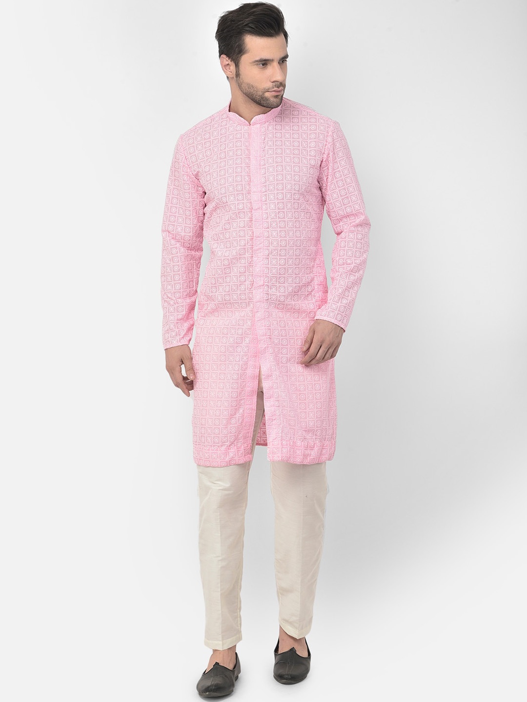 

DEYANN Men Pink Striped Layered Pure Cotton Kurta with Pyjamas