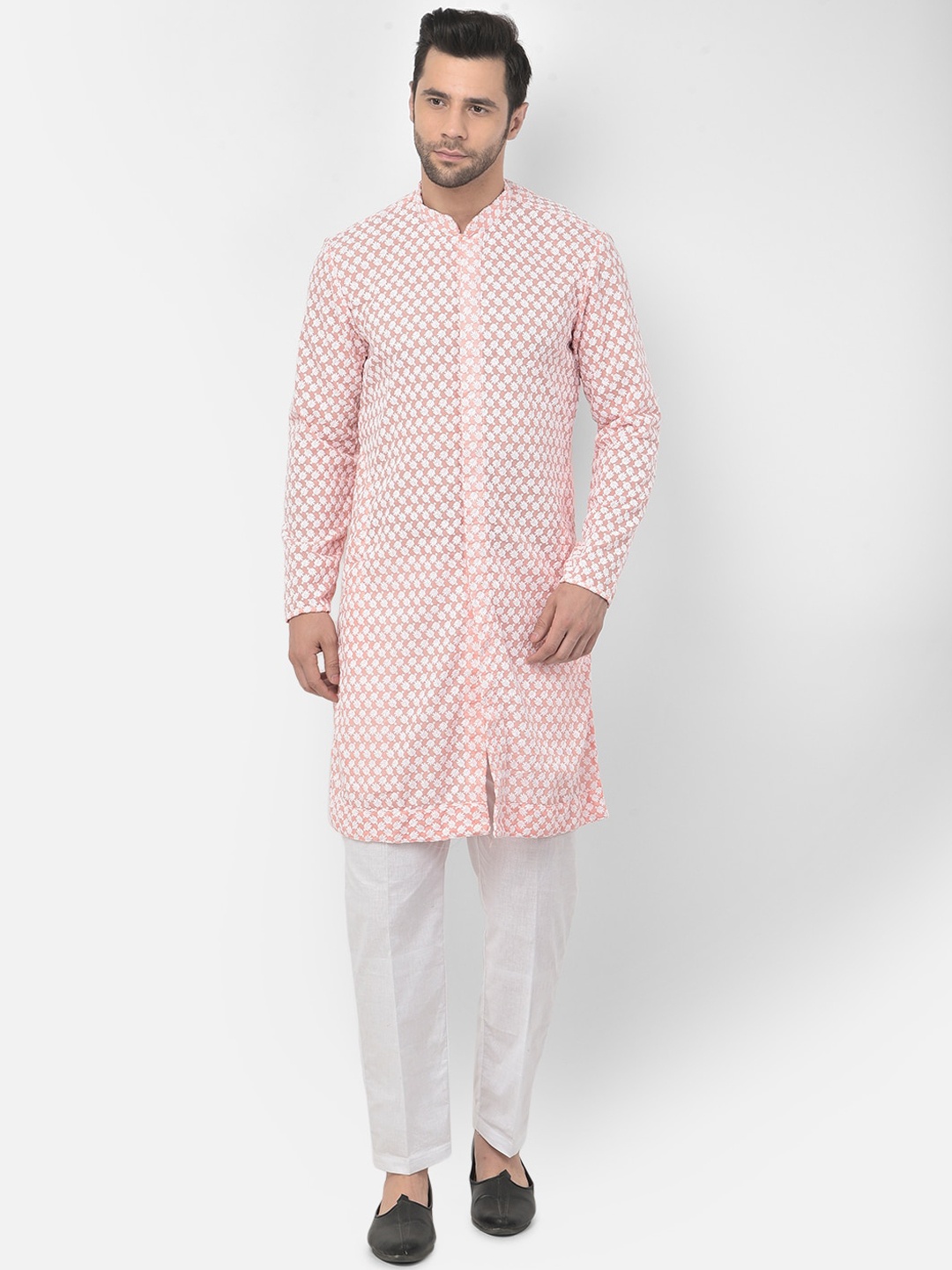 

DEYANN Men Peach-Coloured Ethnic Motifs Printed Angrakha Pure Cotton Kurta with Pyjamas