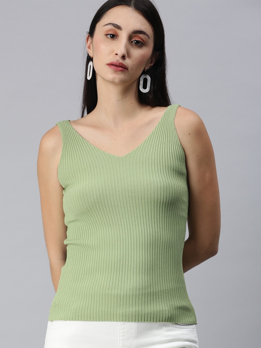 

SHECZZAR Women Green Striped Tank Top