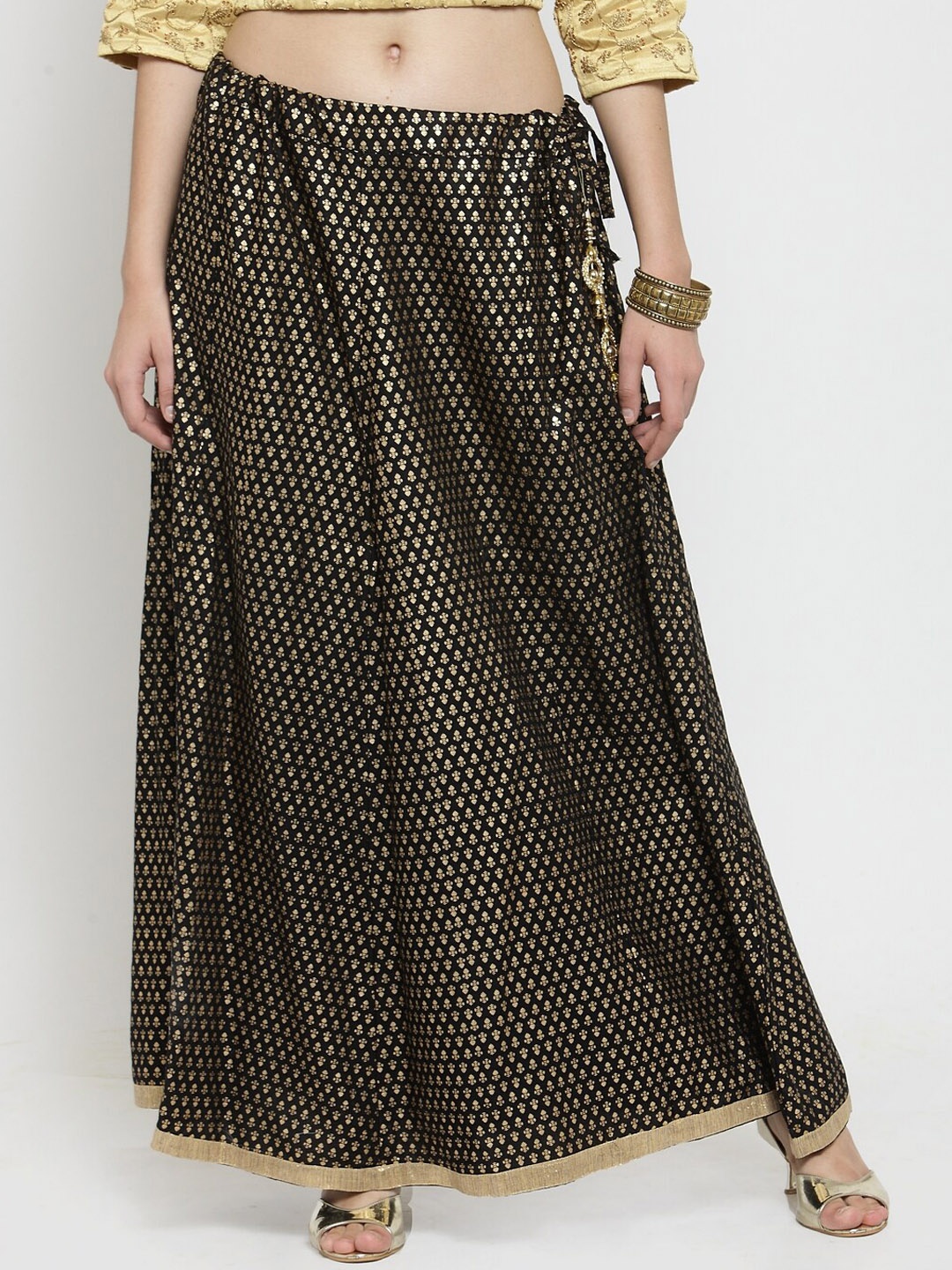 

Clora Creation Black & Gold-Toned Ethnic Motifs Print Rayon Ethnic Flared Maxi Skirt