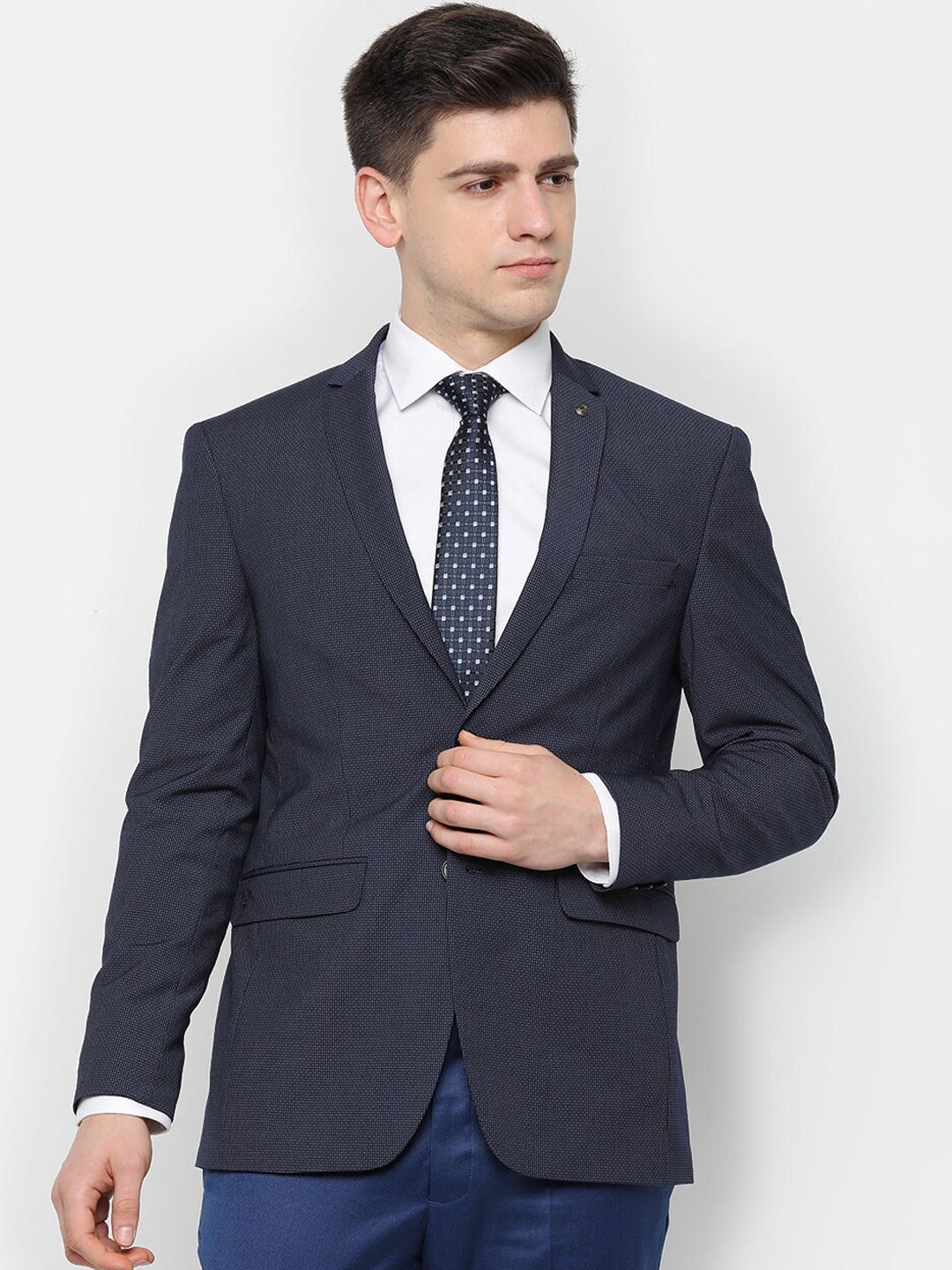

Allen Solly Men Navy Blue Self design Slim Fit Single Breasted Blazers