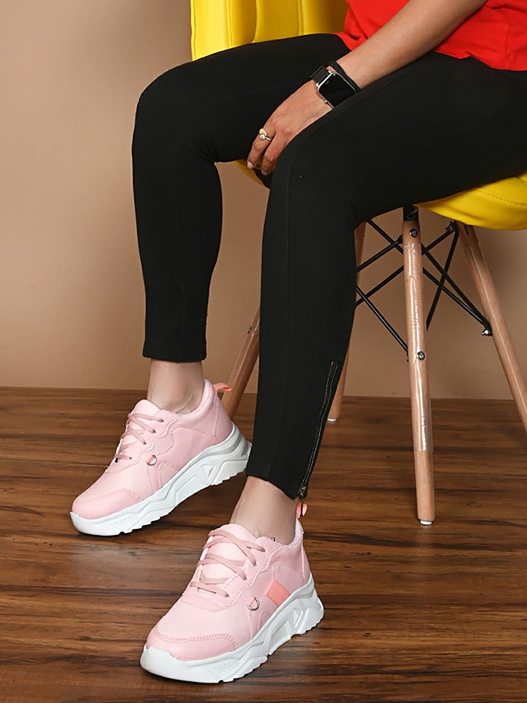 

HERE&NOW Women Pink Faux Leather Textured Sneakers