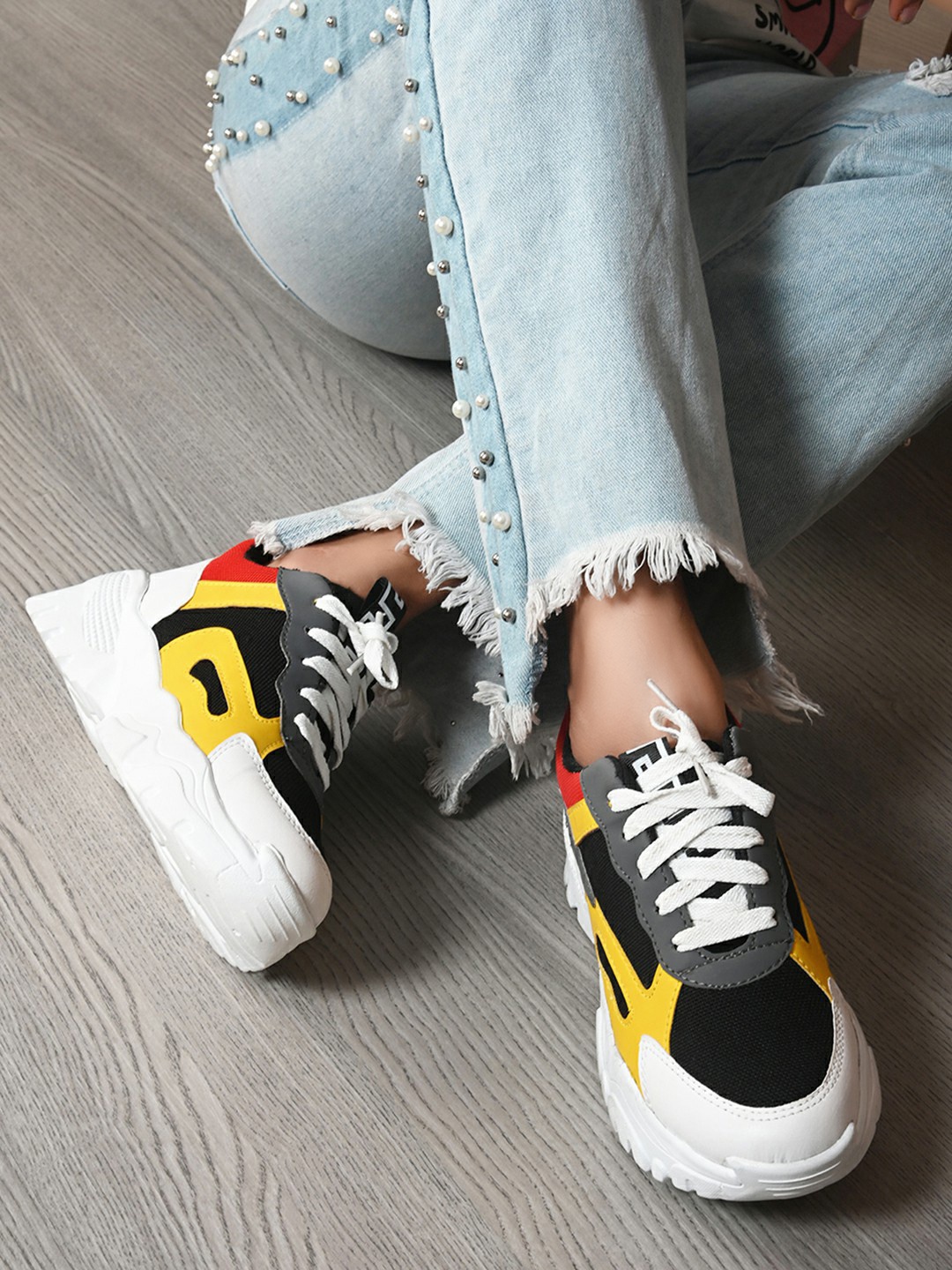 

HERE&NOW Women Black & Yellow Colourblocked Faux Leather Sneakers