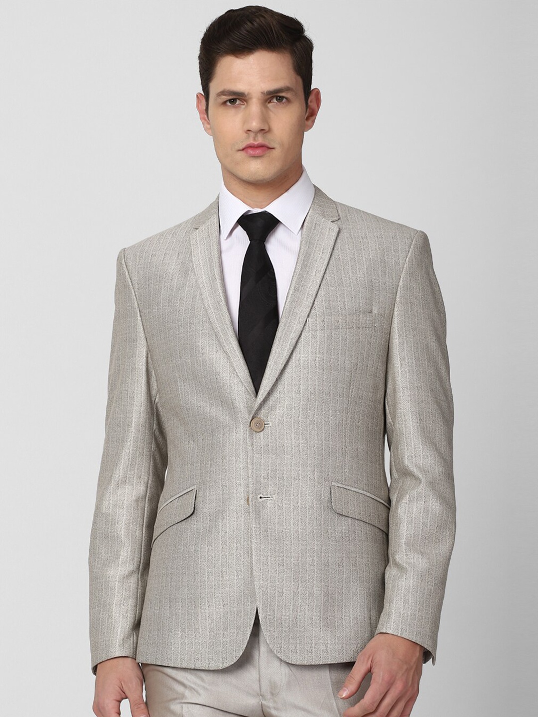 

V Dot Men Grey Striped Slim Fit Single Breasted Blazers