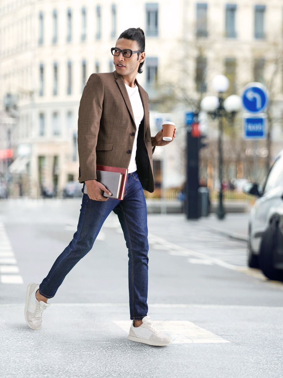 

V Dot Men Brown Self Design Slim-Fit Single-Breasted Formal Blazer