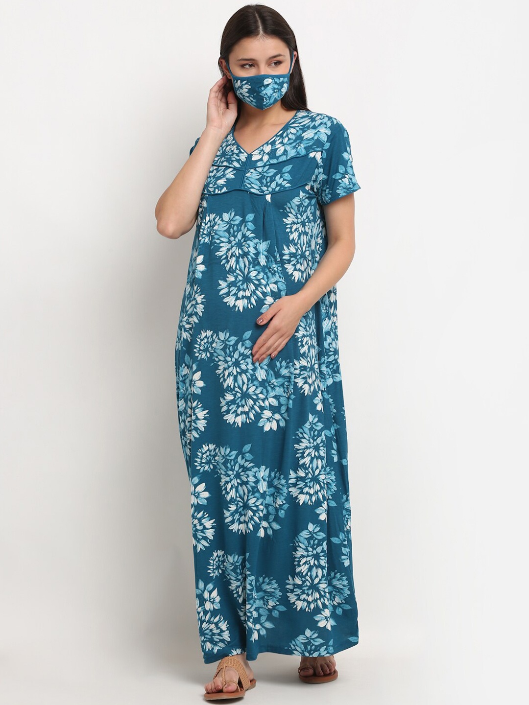 

Tiara women Teal & White Floral Printed Maternity & Feeding Maxi Nightdress