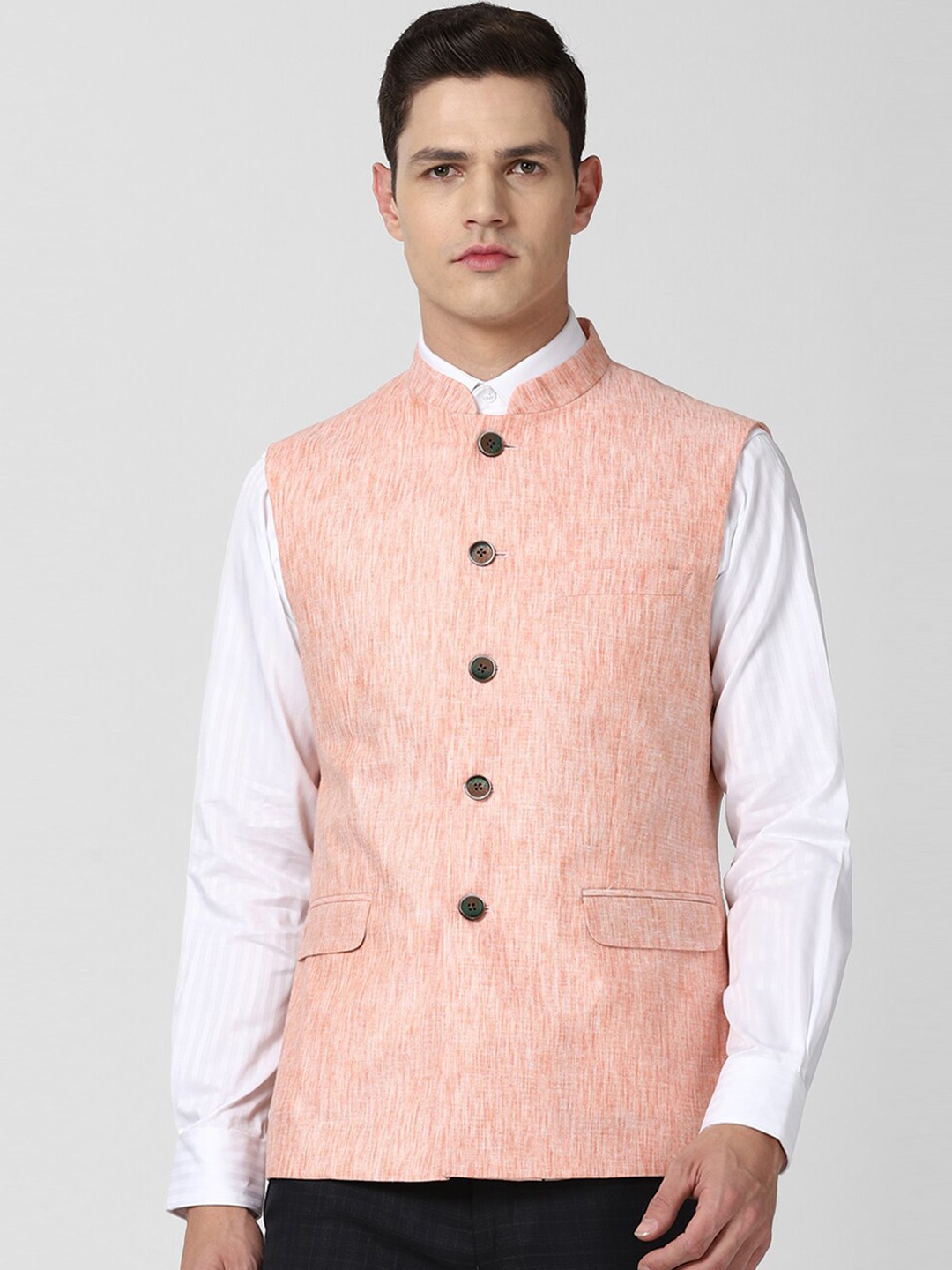 

Van Heusen Men Peach-Coloured Printed Woven Nehru Jacket