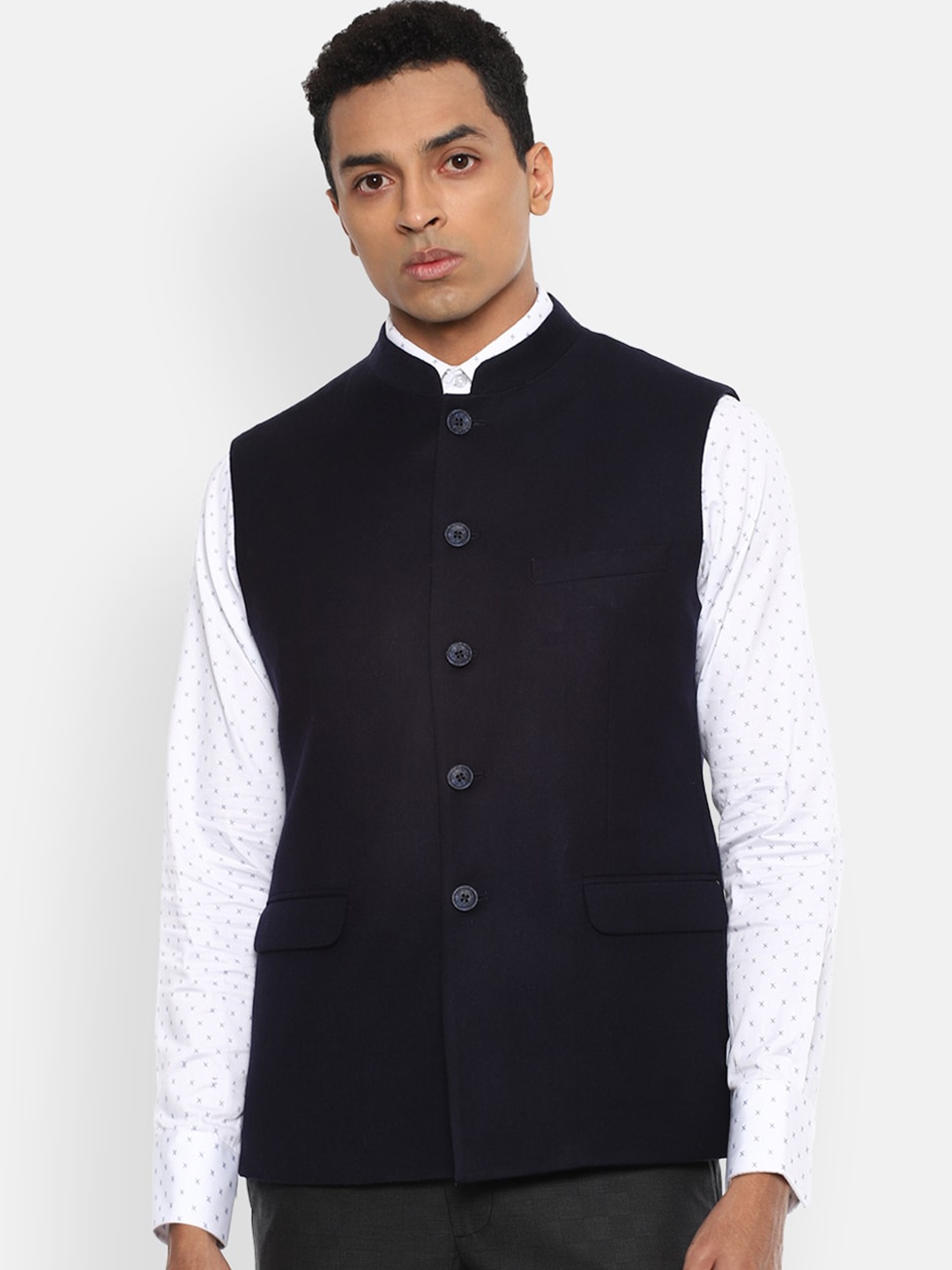 

Van Heusen Men Navy Blue Solid Casual Nehru Jacket