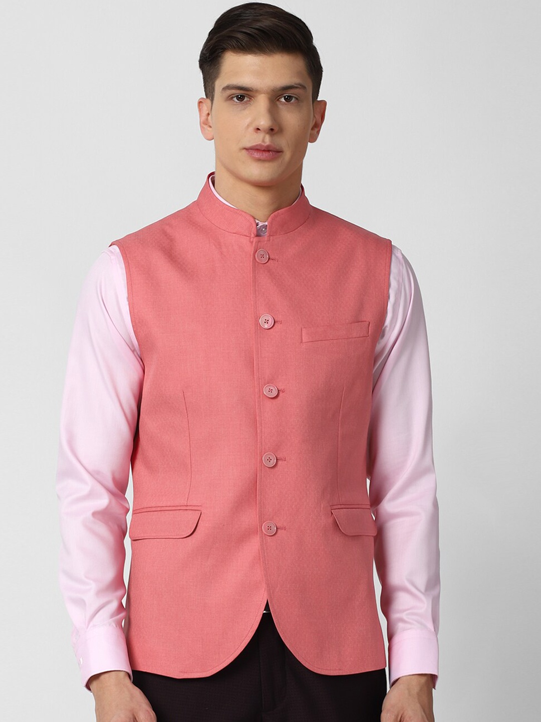 

Peter England Elite Men Pink Solid Woven Nehru Jackets