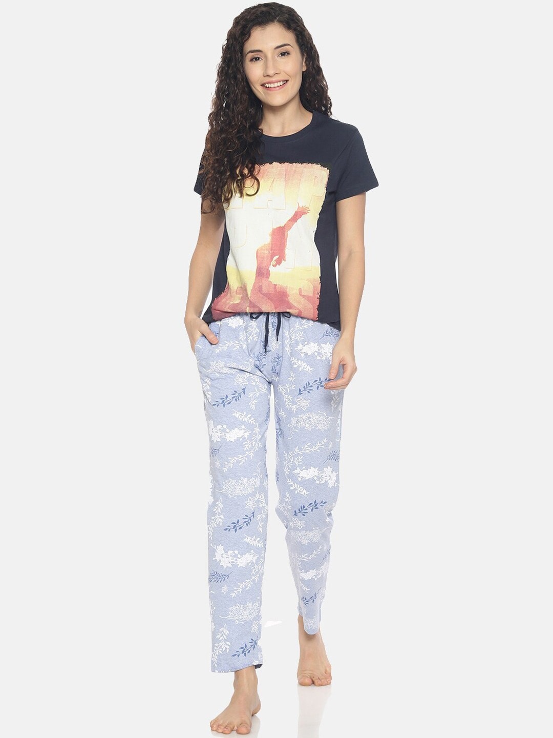 

Kryptic Women Navy Blue & Yellow Printed Pure Cotton Night suit