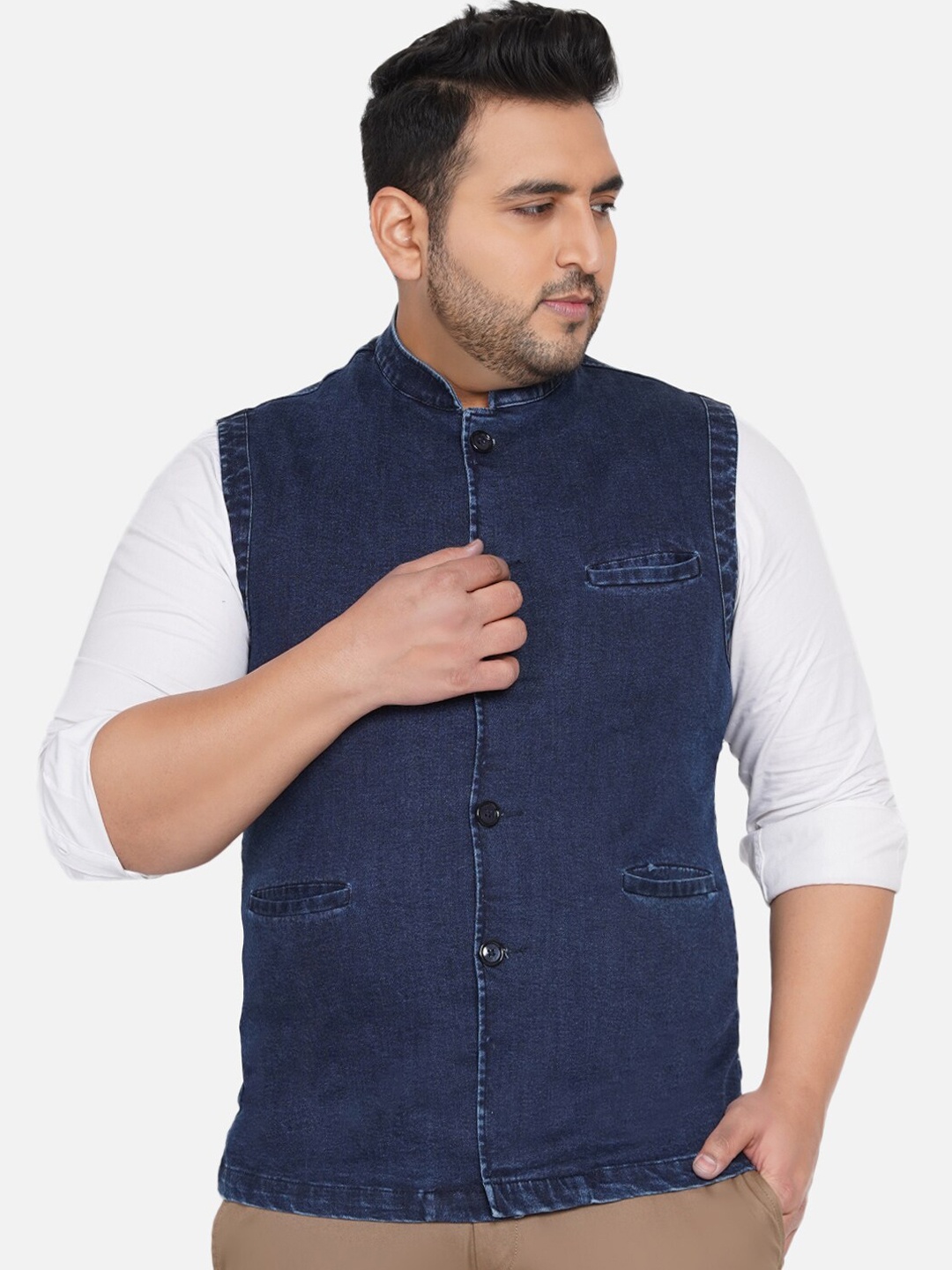 

John Pride Men Blue Plus Size Denim Nehru Jacket, Navy blue