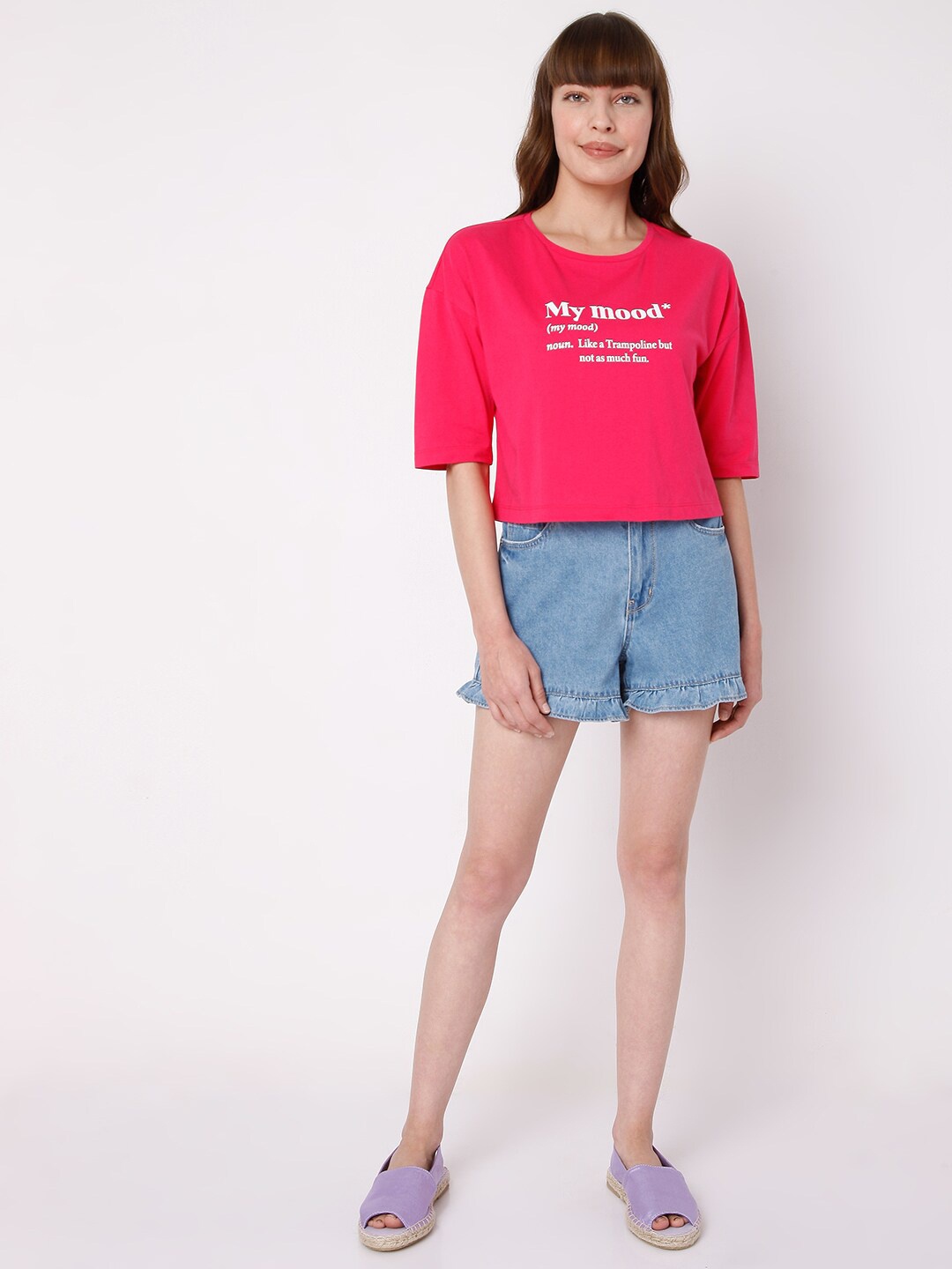 

Vero Moda Women Pink Typography Printed Extended Sleeves Pure Cotton T-shirt