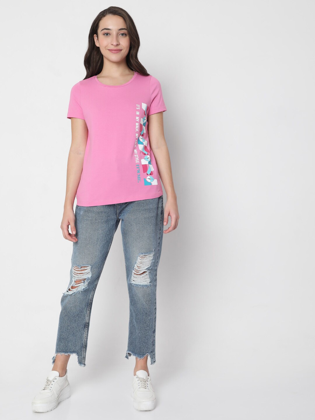 

Vero Moda Women Pink Printed Pure Cotton T-shirt