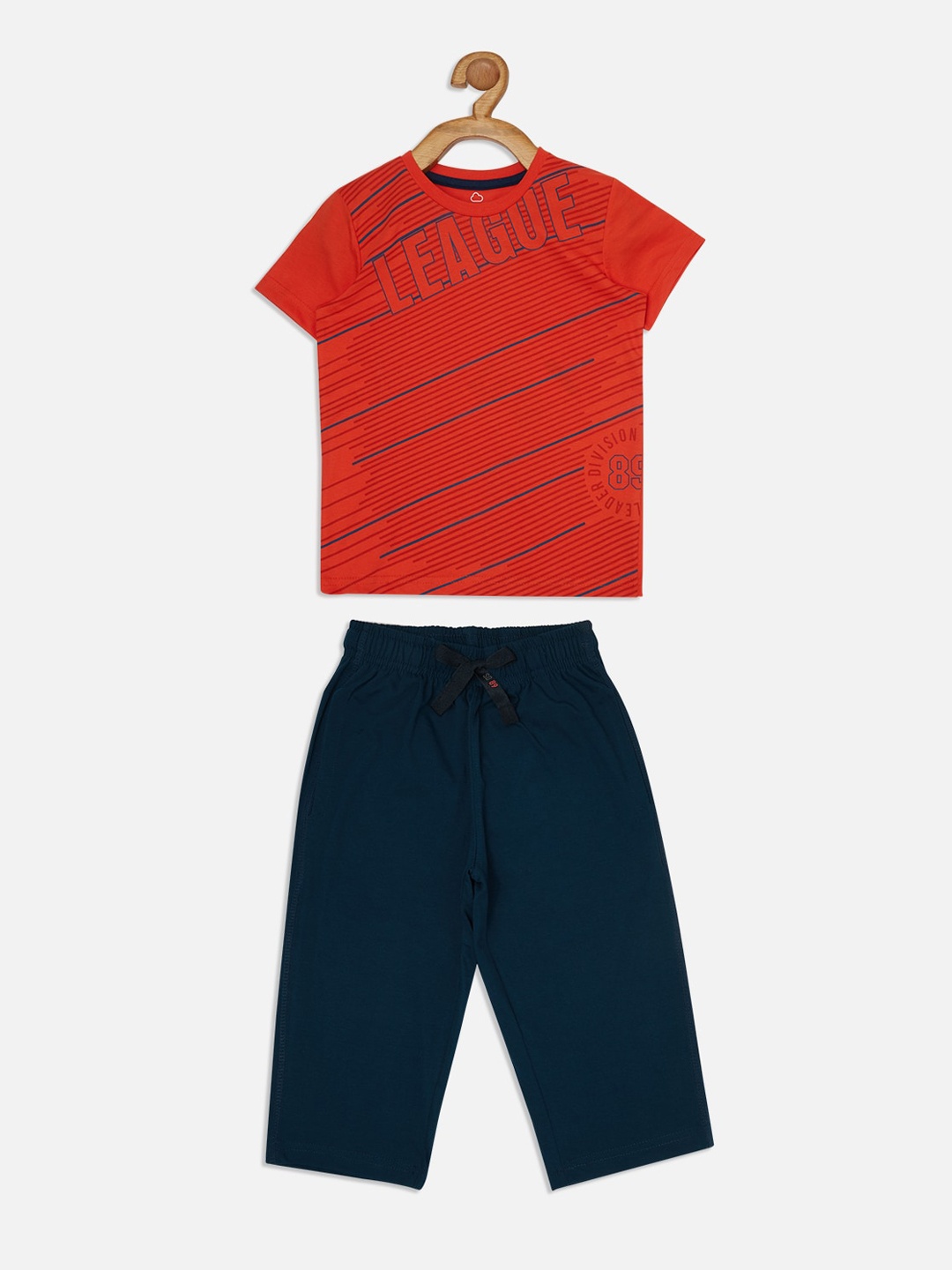 

Sweet Dreams Boys Red & Navy Blue Printed Cotton Blend Night suit