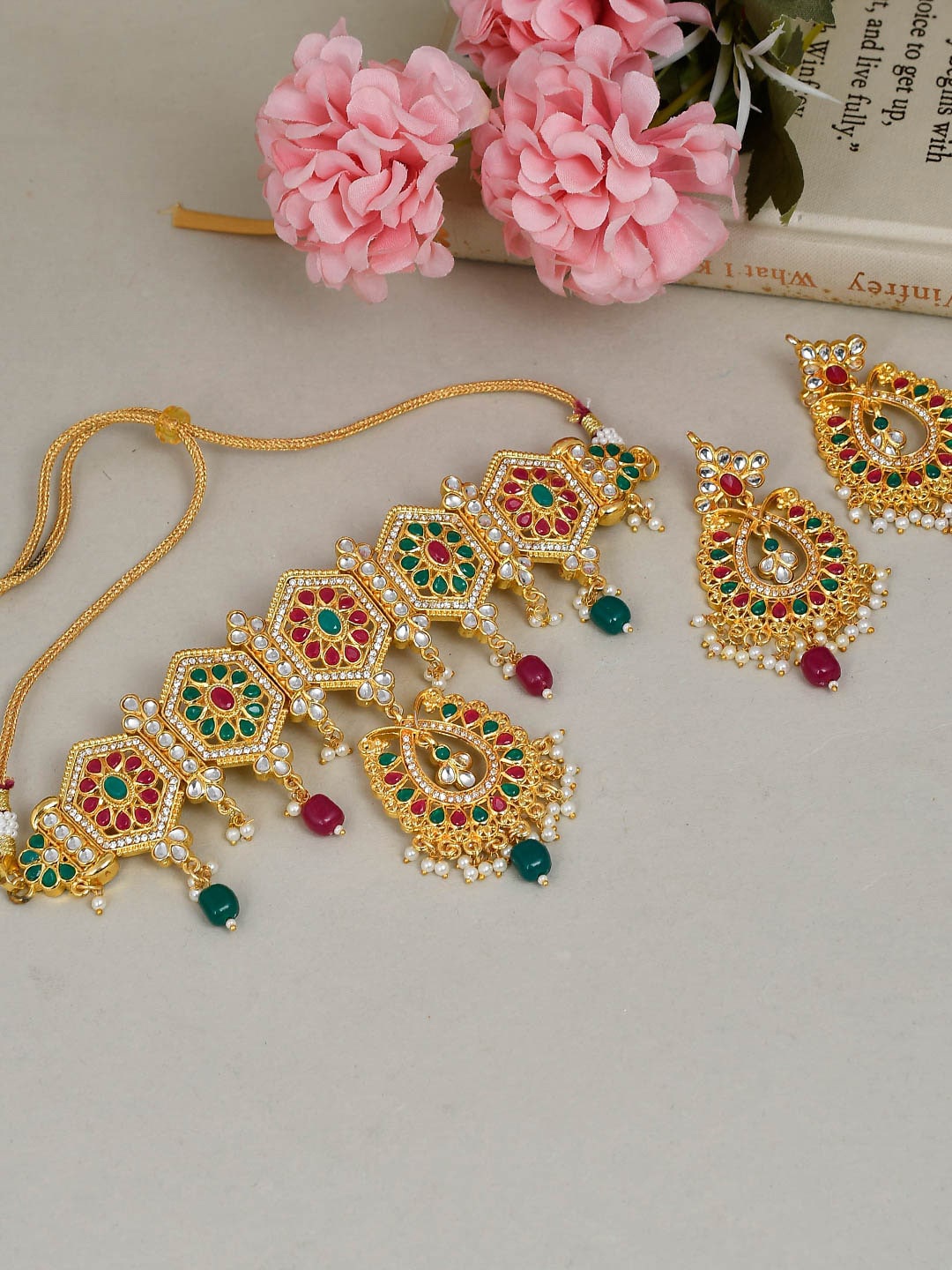 

Silvermerc Designs Gold-plated Red & Green Kundan Stone-Studded Jewellery Set