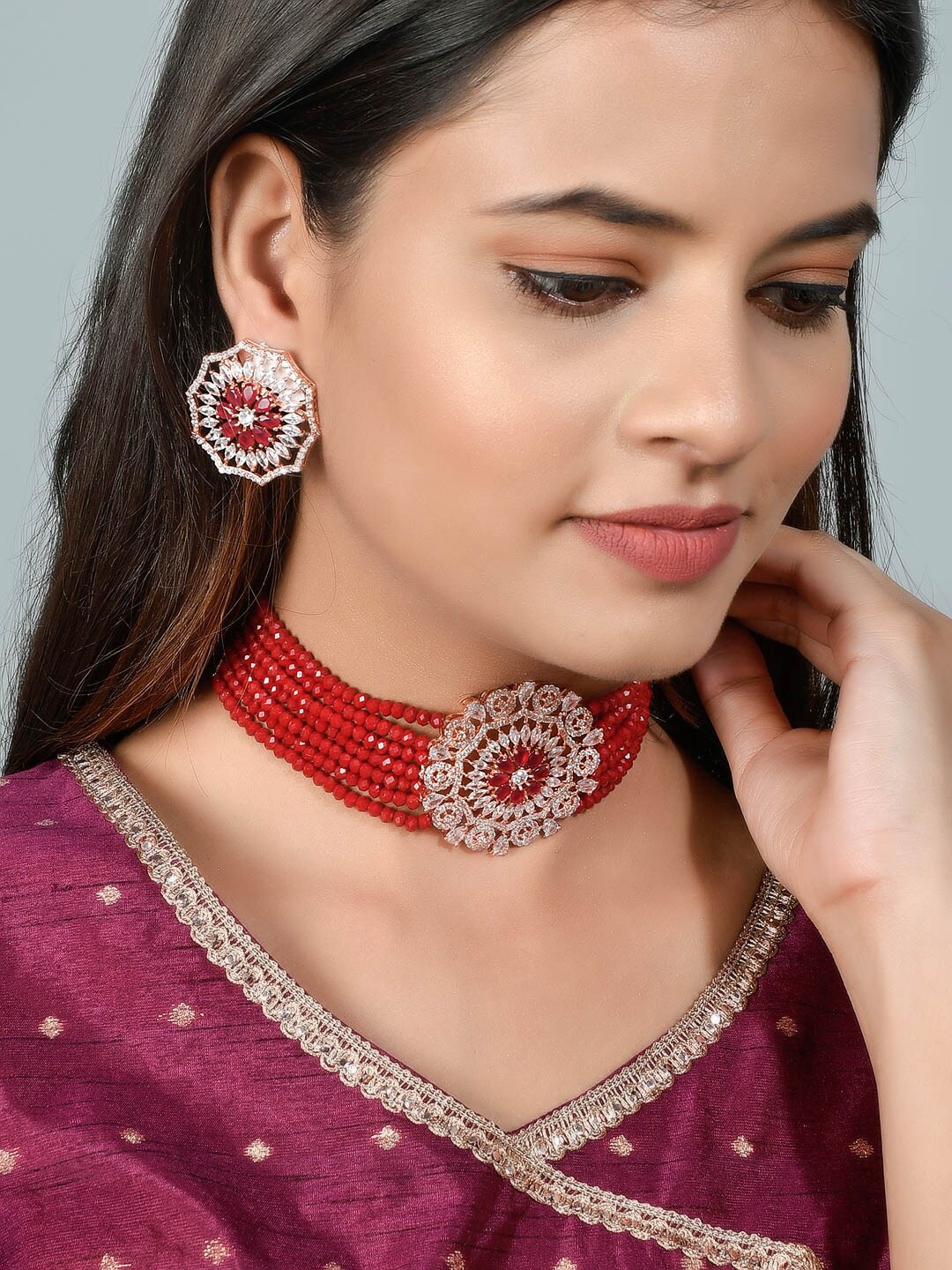 

Silvermerc Designs Women Rose Gold-Plated Red & White AD-Studded & Beaded Jewellery Set