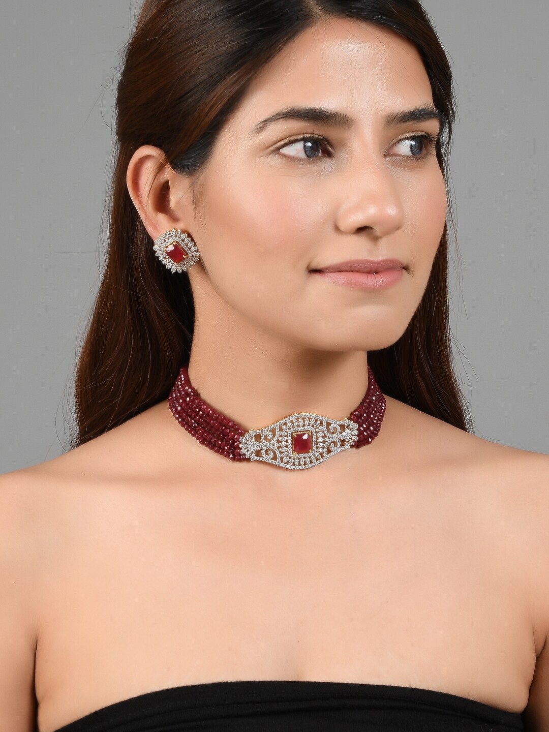 

Silvermerc Designs Maroon Gold-Pated American Diamond Choker Necklace with Earrings