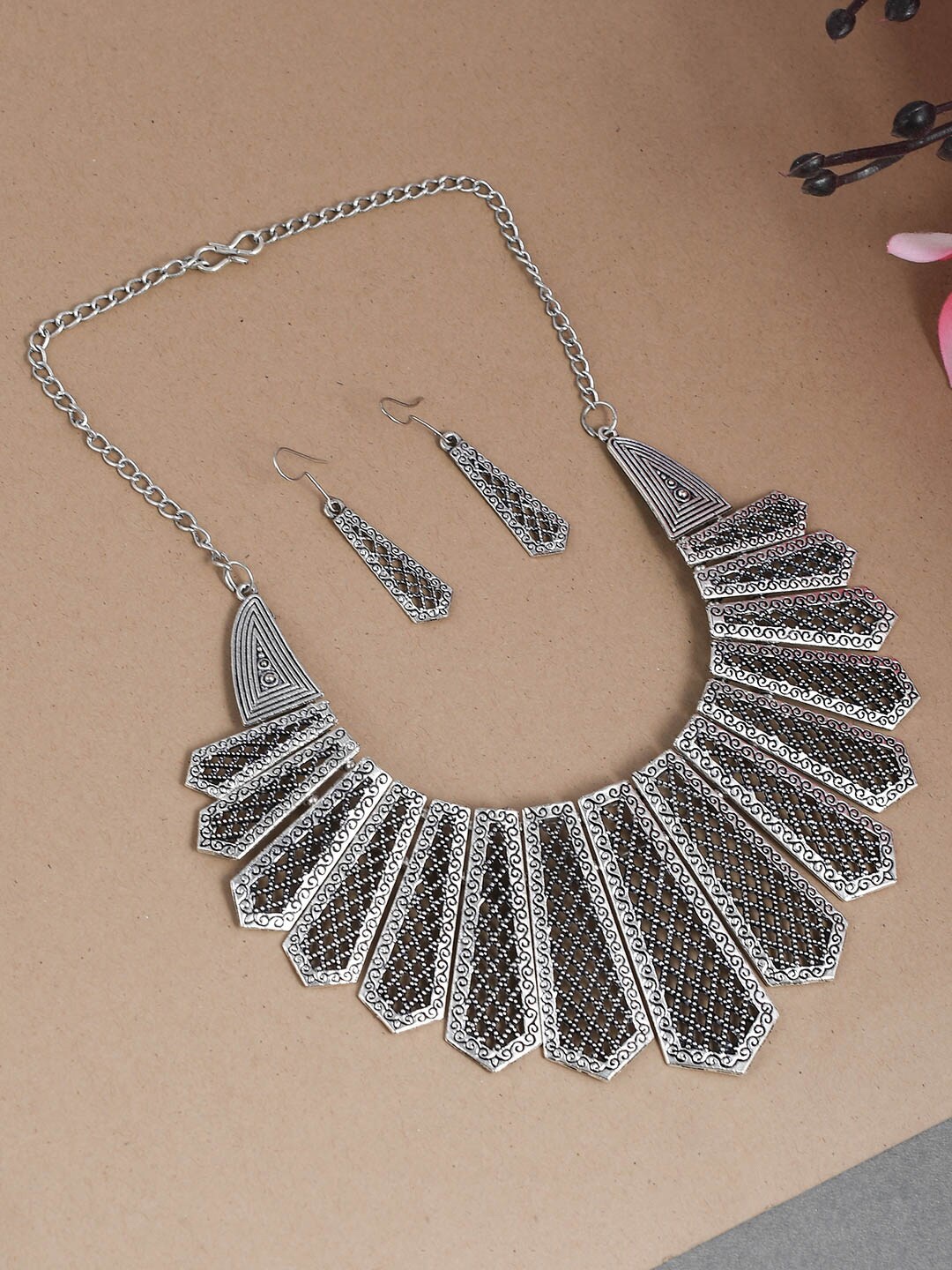 

Silvermerc Designs Oxidised Silver-Plated Statement Necklace with Earrings