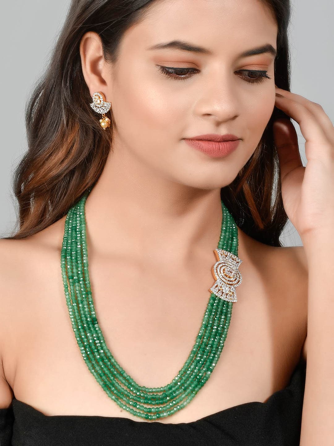 

Silvermerc Designs Gold-Plated Green Layered American Diamond Jewellery Set