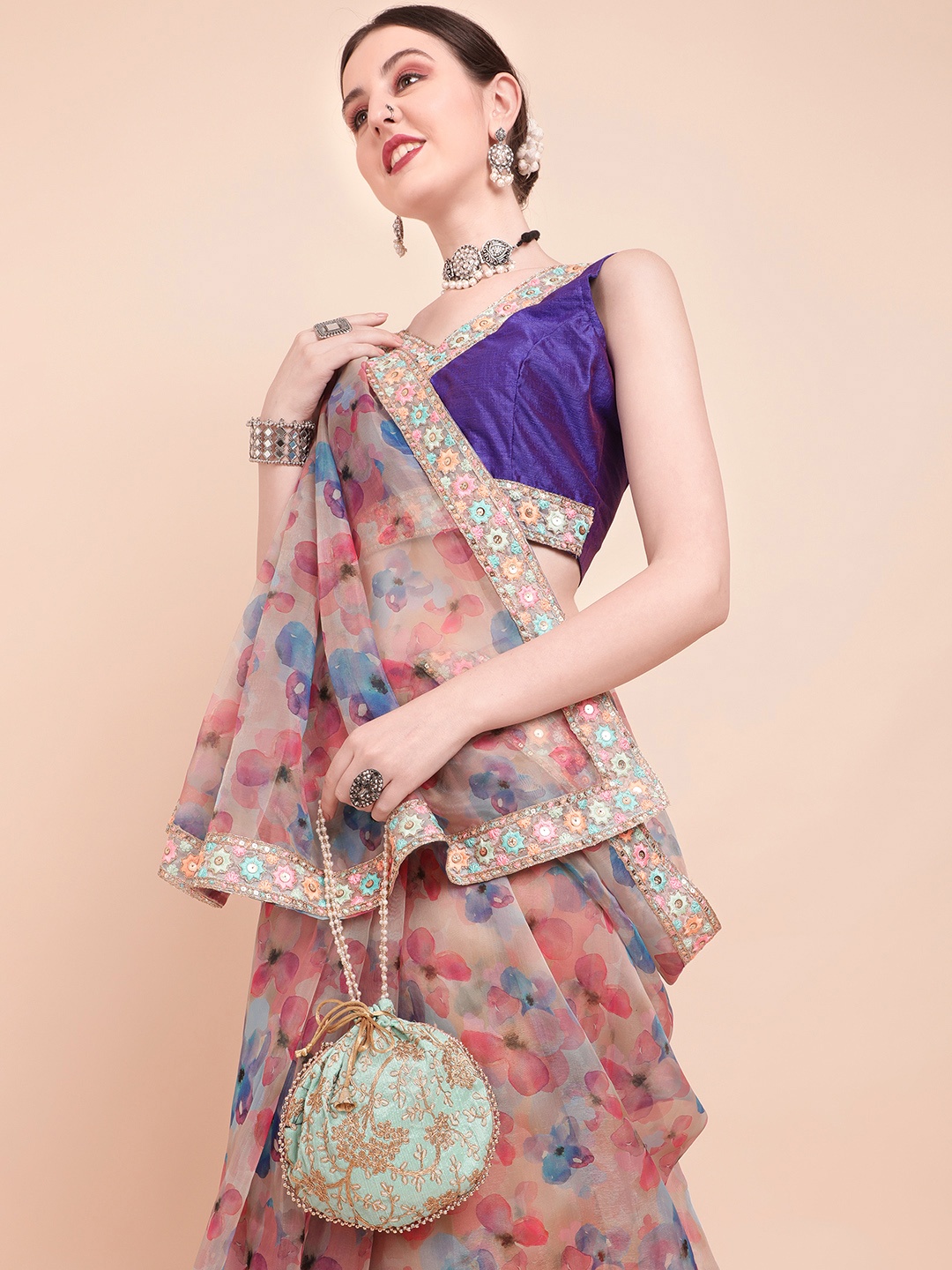 

Sangria Pink & Blue Floral Printed Sequinned Organza Saree