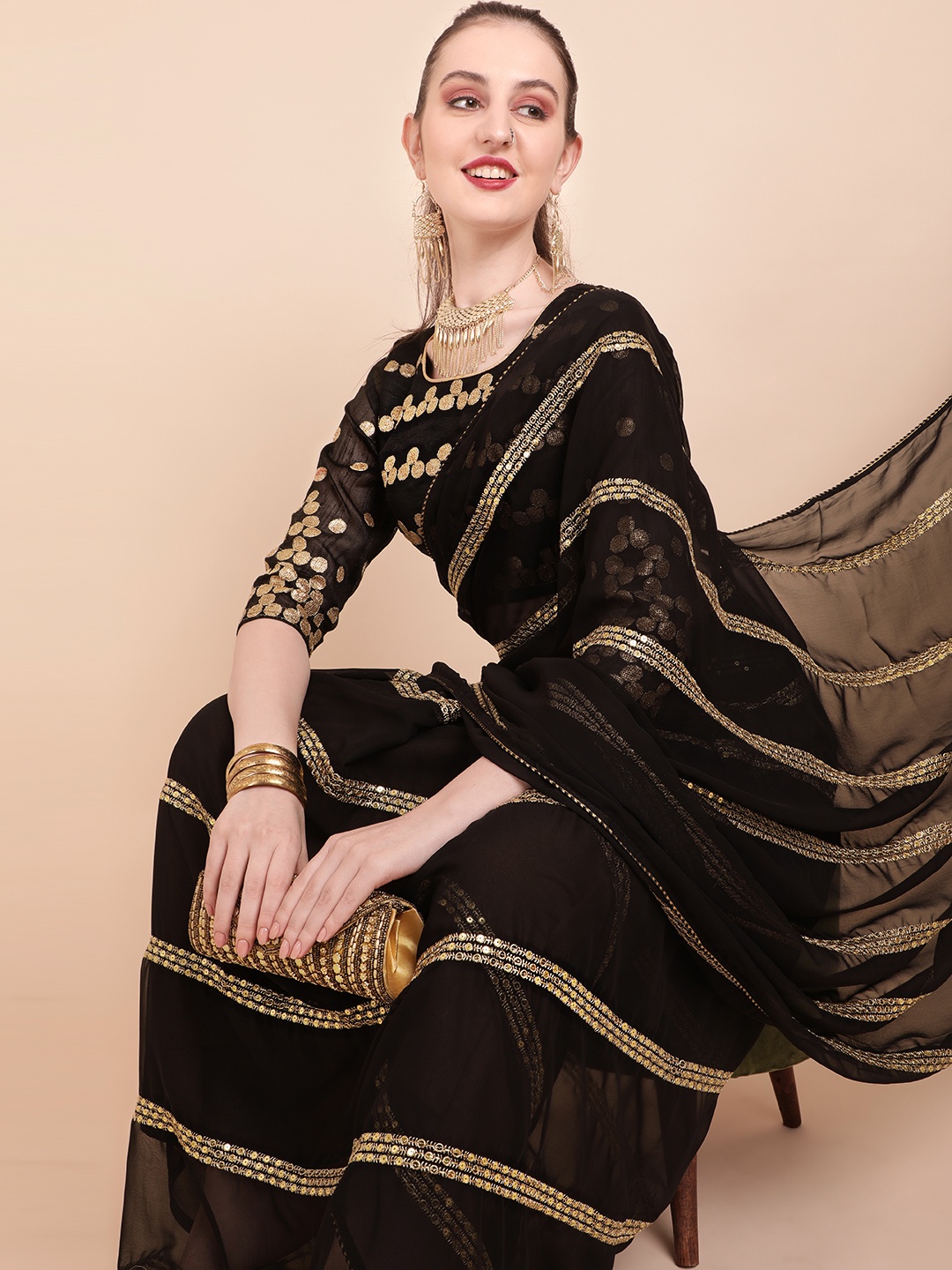 

Sangria Black & Gold-Toned Striped Sequinned Pure Georgette Saree