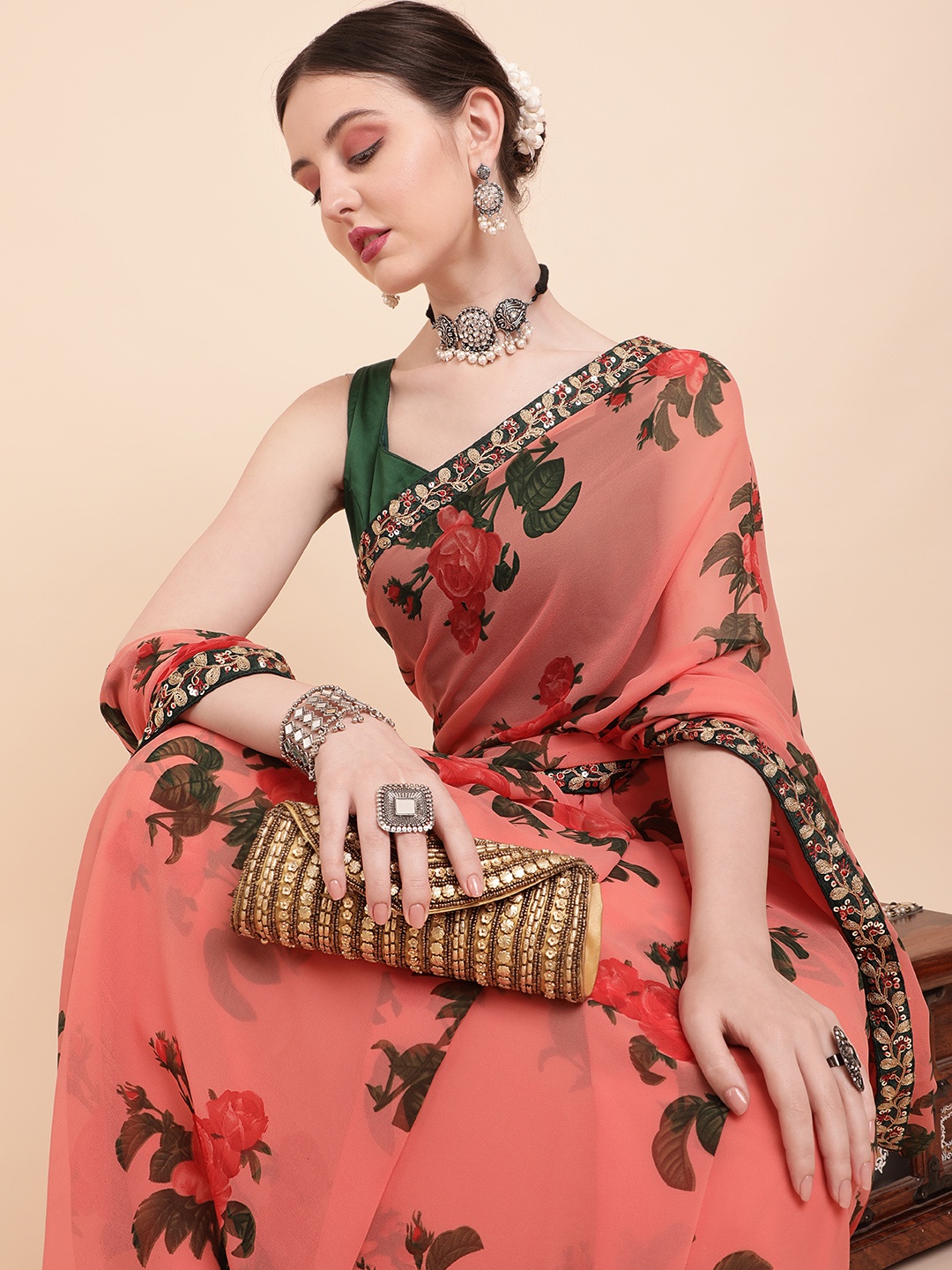 

Sangria Pink & Green Floral Pure Georgette Saree