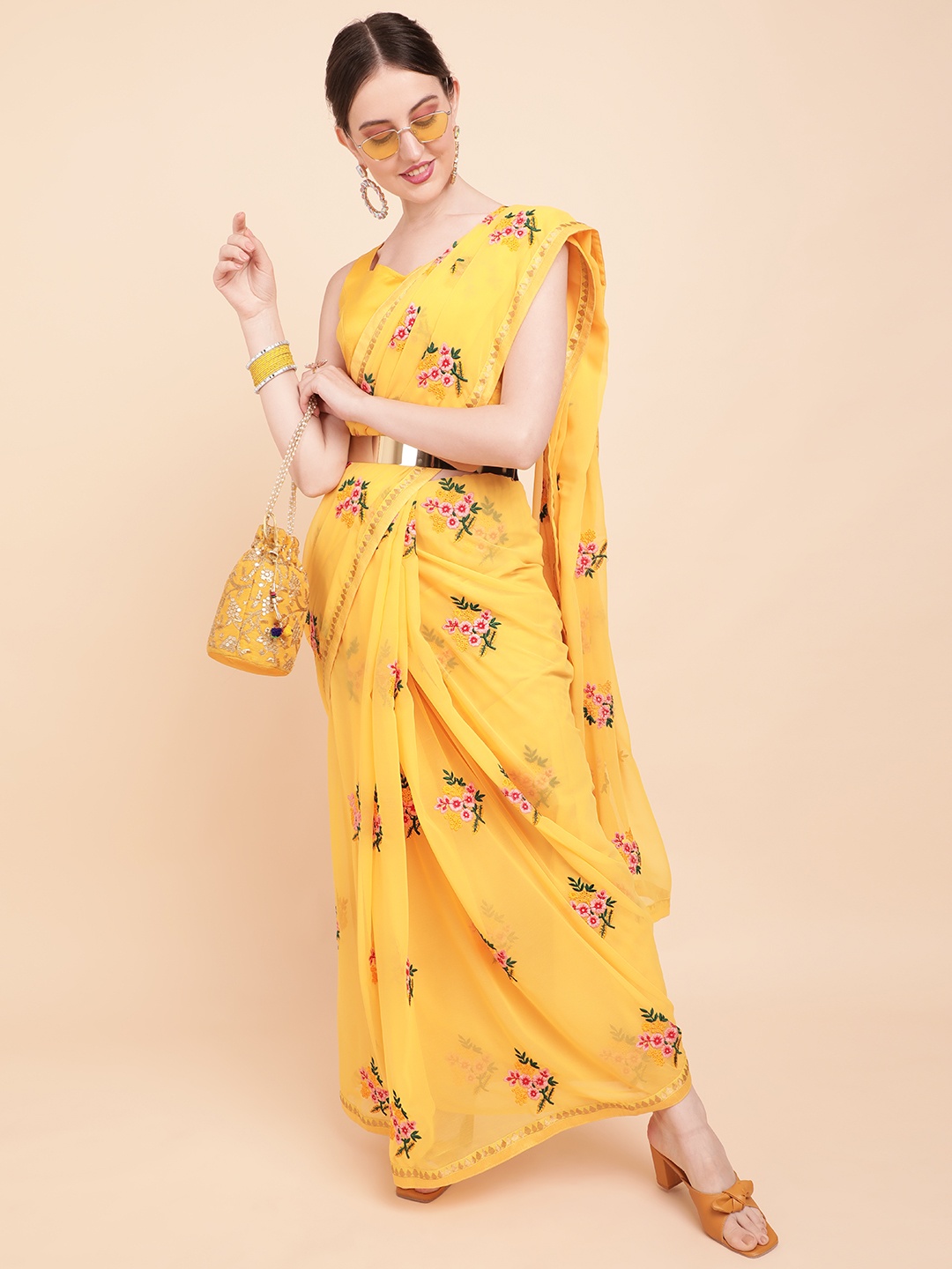 

Sangria Mustard Yellow & Pink Floral Embroidered Pure Georgette Saree