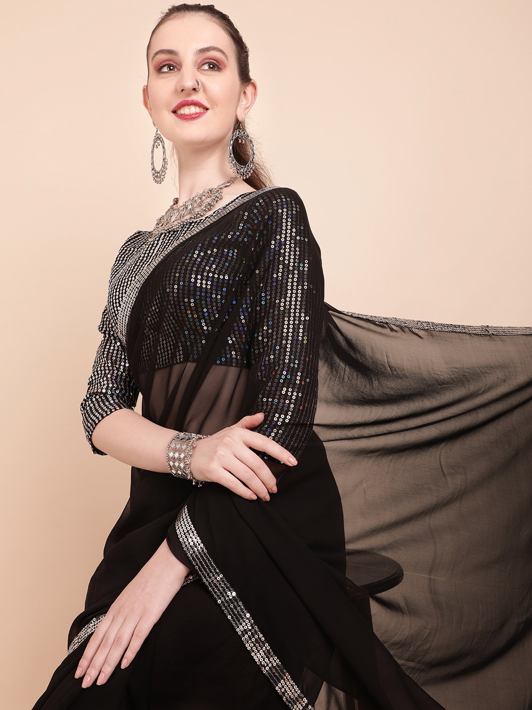 

Sangria Black & Silver-Toned Embellished Sequinned Pure Georgette Saree