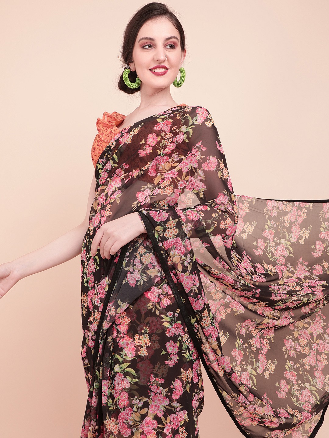 

Sangria Black & Pink Floral Printed Pure Georgette Saree