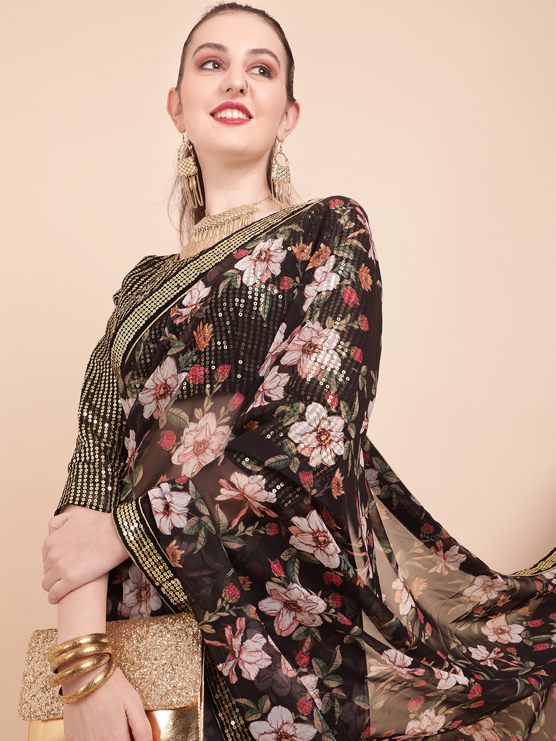 

Sangria Black & Pink Floral Printed Sequinned Pure Georgette Saree