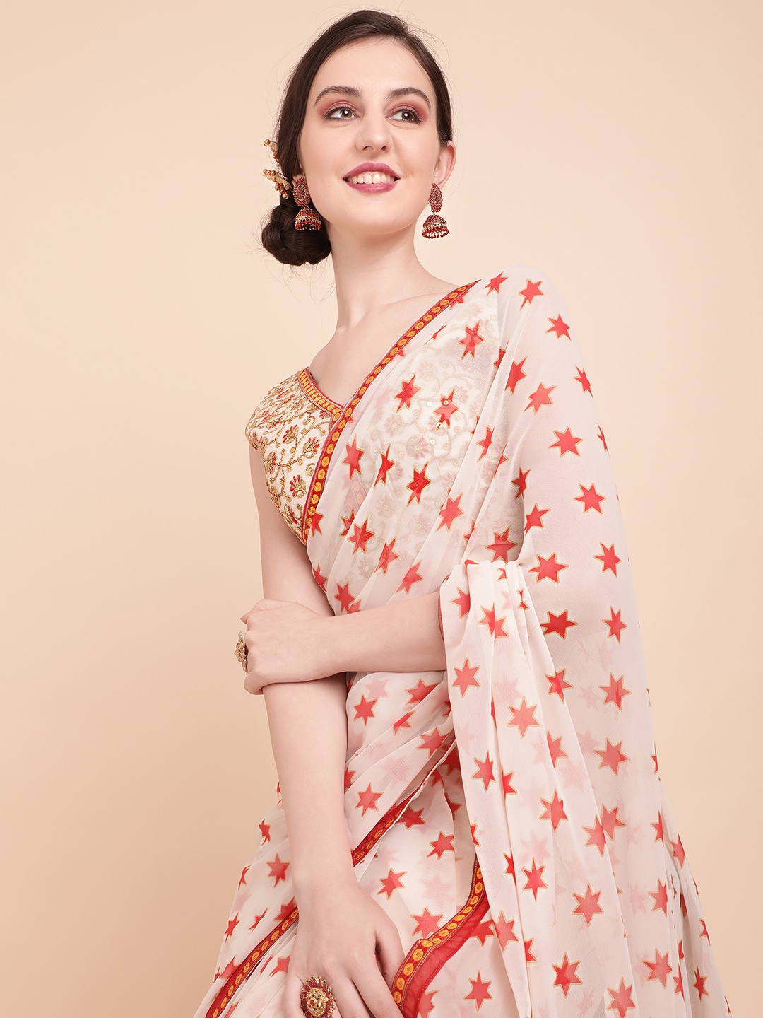 

Sangria Cream-Coloured & Red Pure Georgette Saree