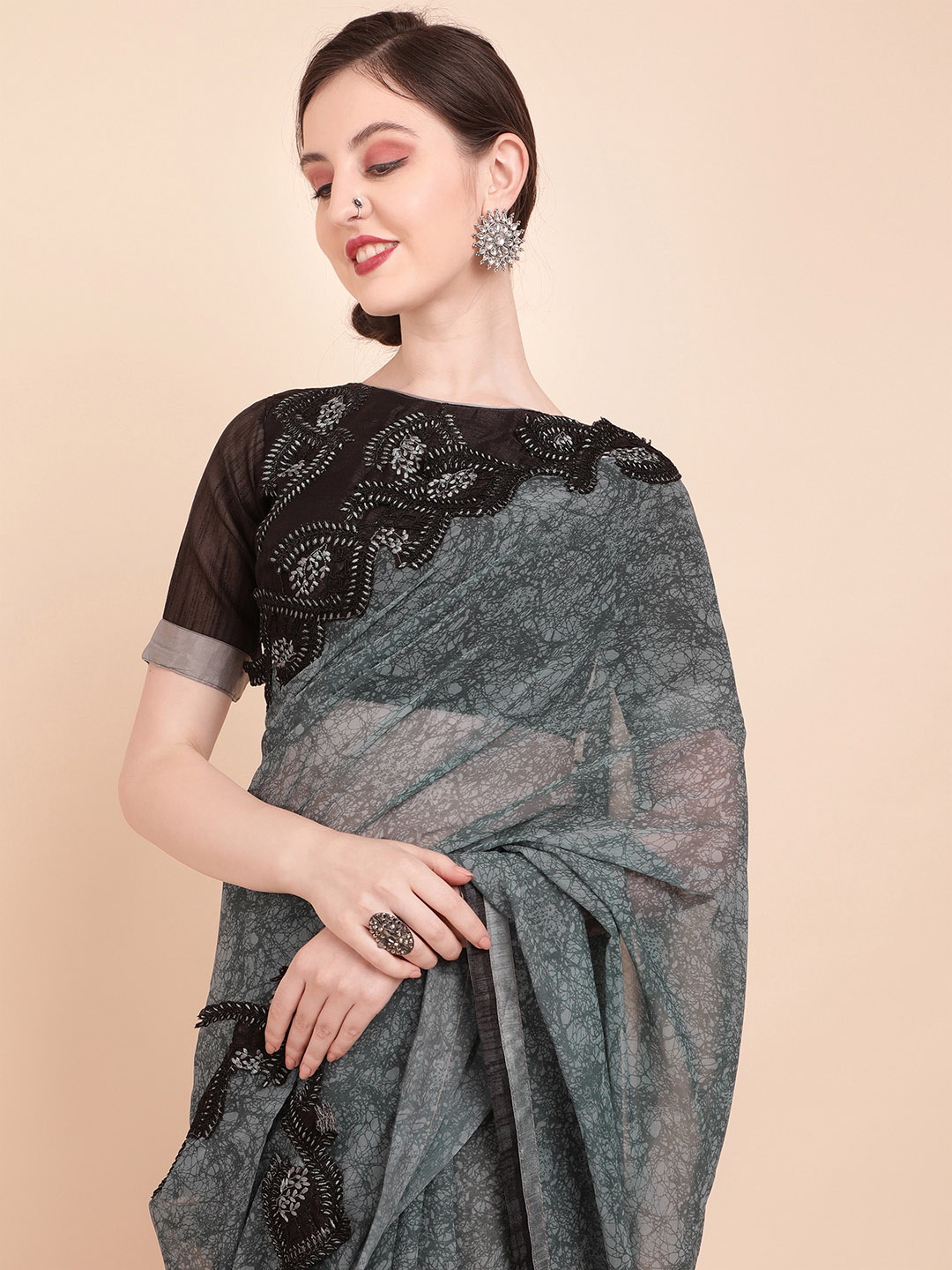 

Sangria Grey & Black Tie and Dye Sequinned Pure Georgette Saree