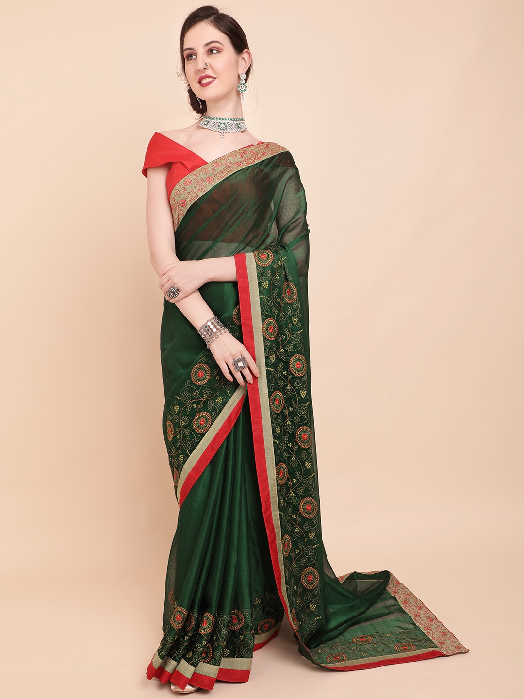 

Sangria Olive Green & Red Floral Embroidered Pure Georgette Saree